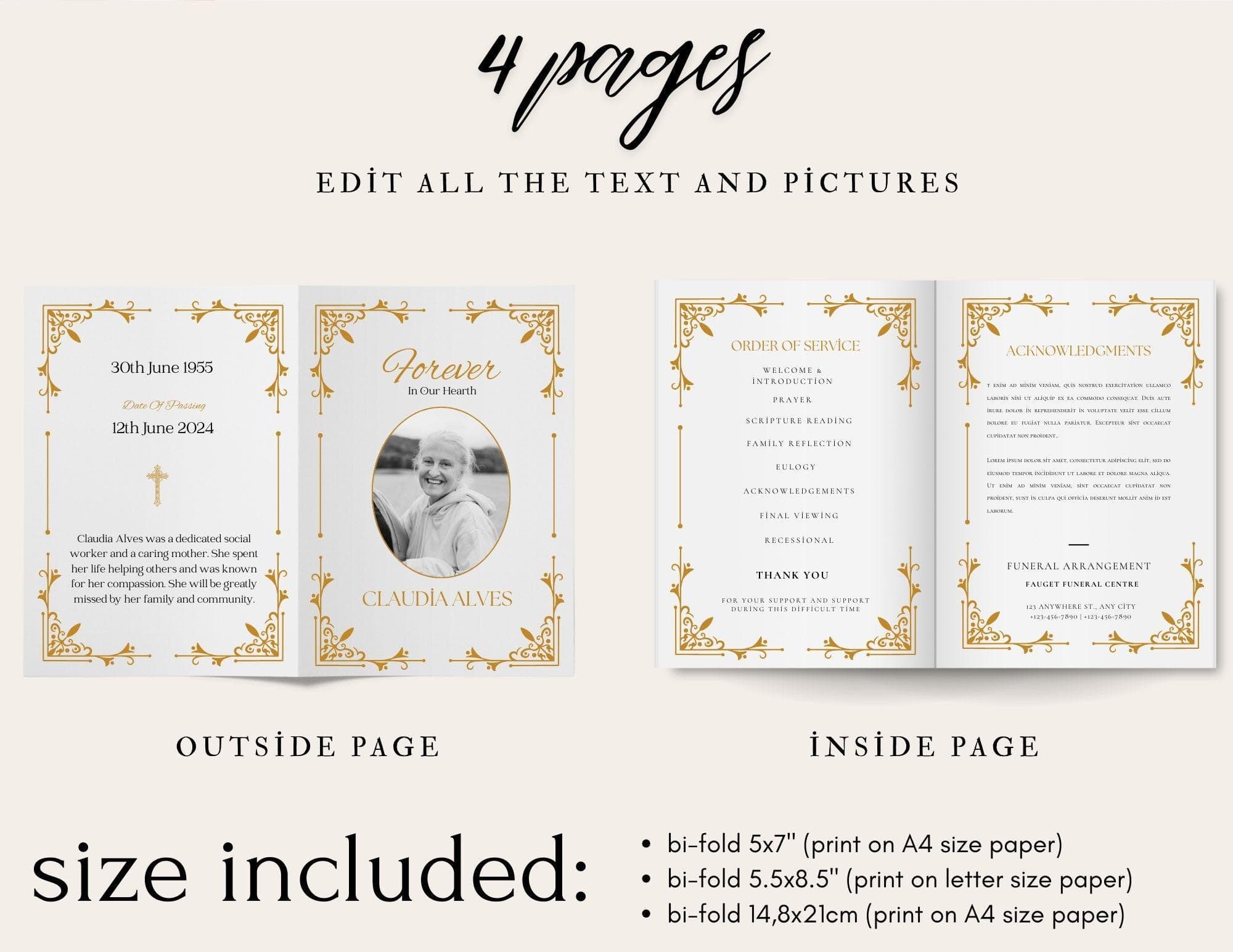 Gold Funeral Program Template | Canva Bifold Memorial (Digital Download) - view 3