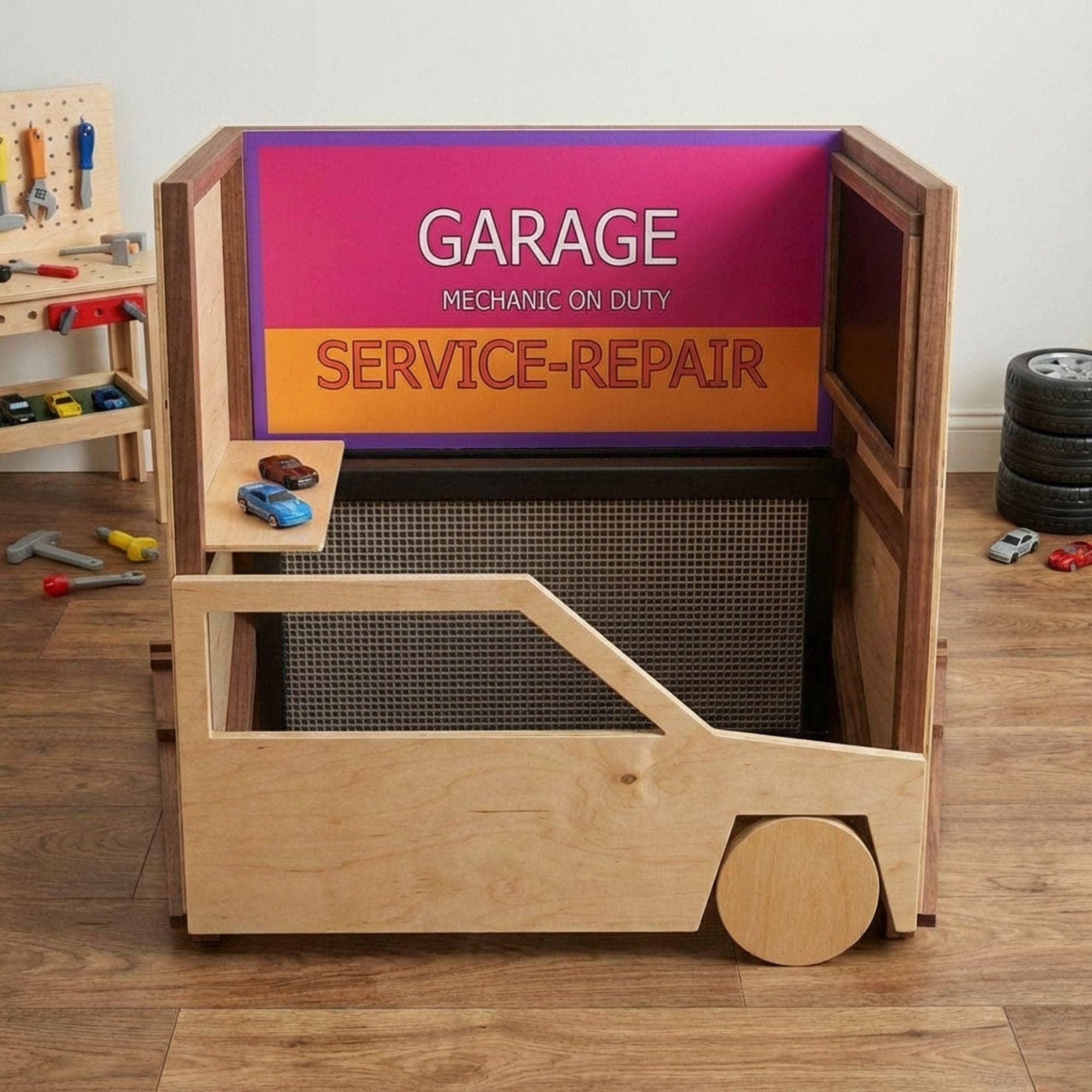 DIY Kids Garage Playset Plan | Mechanic Pretend Play Station PDF | Wooden Toy Car Stand | Playroom Role Play Build - view 3