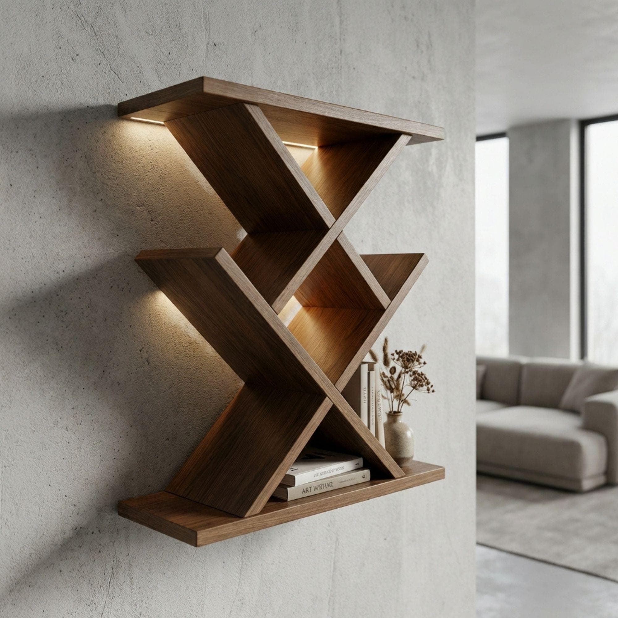 DIY Floating Shelf Plan | Modern X Shaped Wall Shelf Blueprint | Geometric Bookcase Woodworking Plans - view 4
