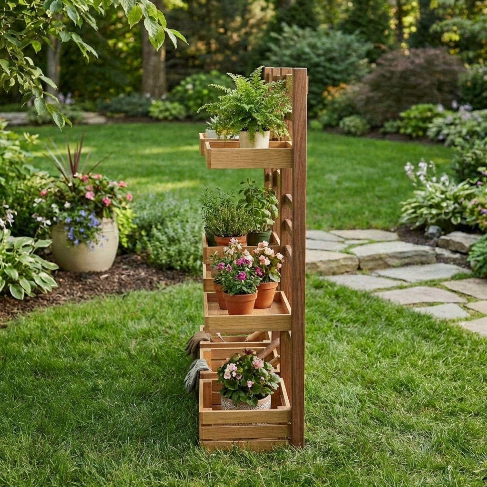 DIY Plant Stand Plans | Multi Tier Flower Pot Stand Blueprint |Outdoor Wooden Shelves PDF - view 3
