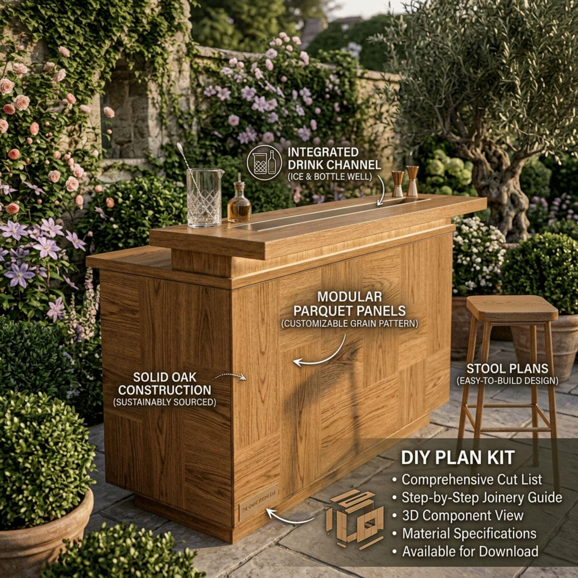 DIY Outdoor Bar Plans | Two Tier Home Bar Blueprint | Wooden Patio Bar Design PDF - view 4