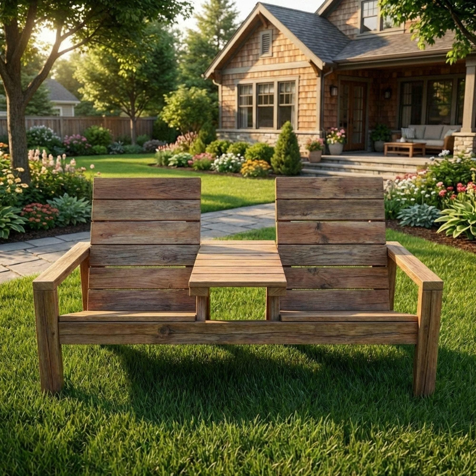 DIY Outdoor Double Chair Plans | Wooden Porch Furniture Blueprint | Double Seat Bench with Table PDF - view 6