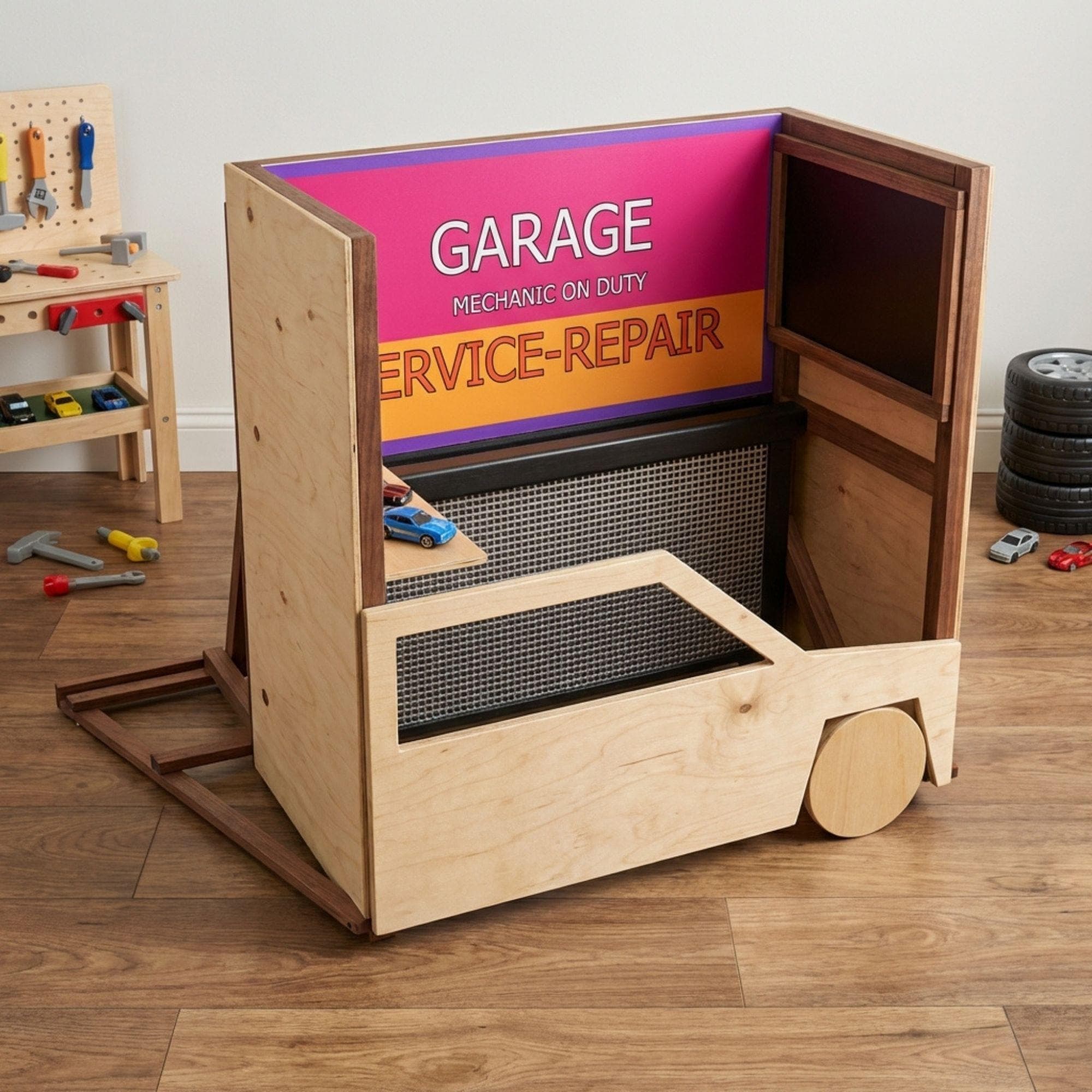 DIY Kids Garage Playset Plan | Mechanic Pretend Play Station PDF | Wooden Toy Car Stand | Playroom Role Play Build - view 4