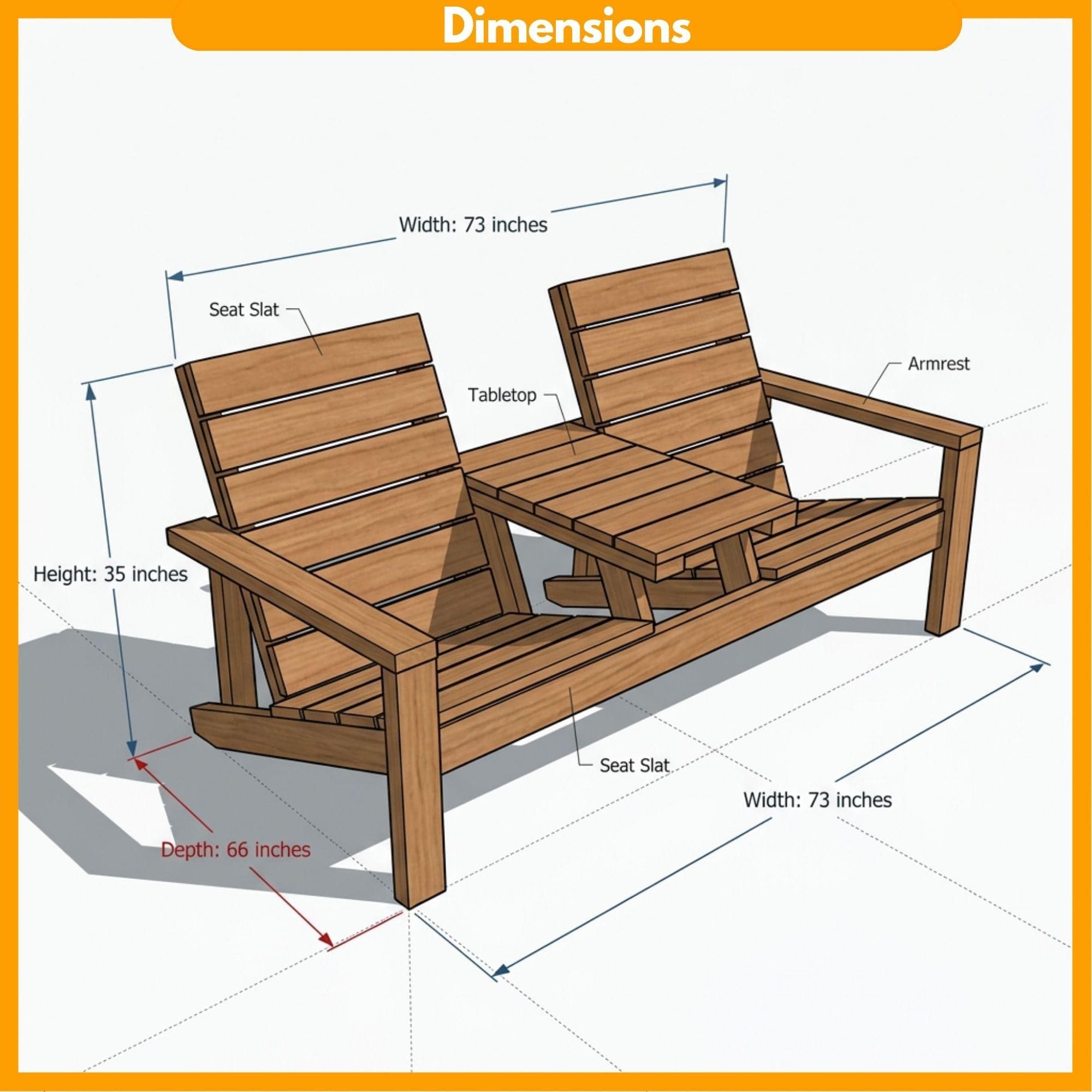 DIY Outdoor Double Chair Plans | Wooden Porch Furniture Blueprint | Double Seat Bench with Table PDF - view 2