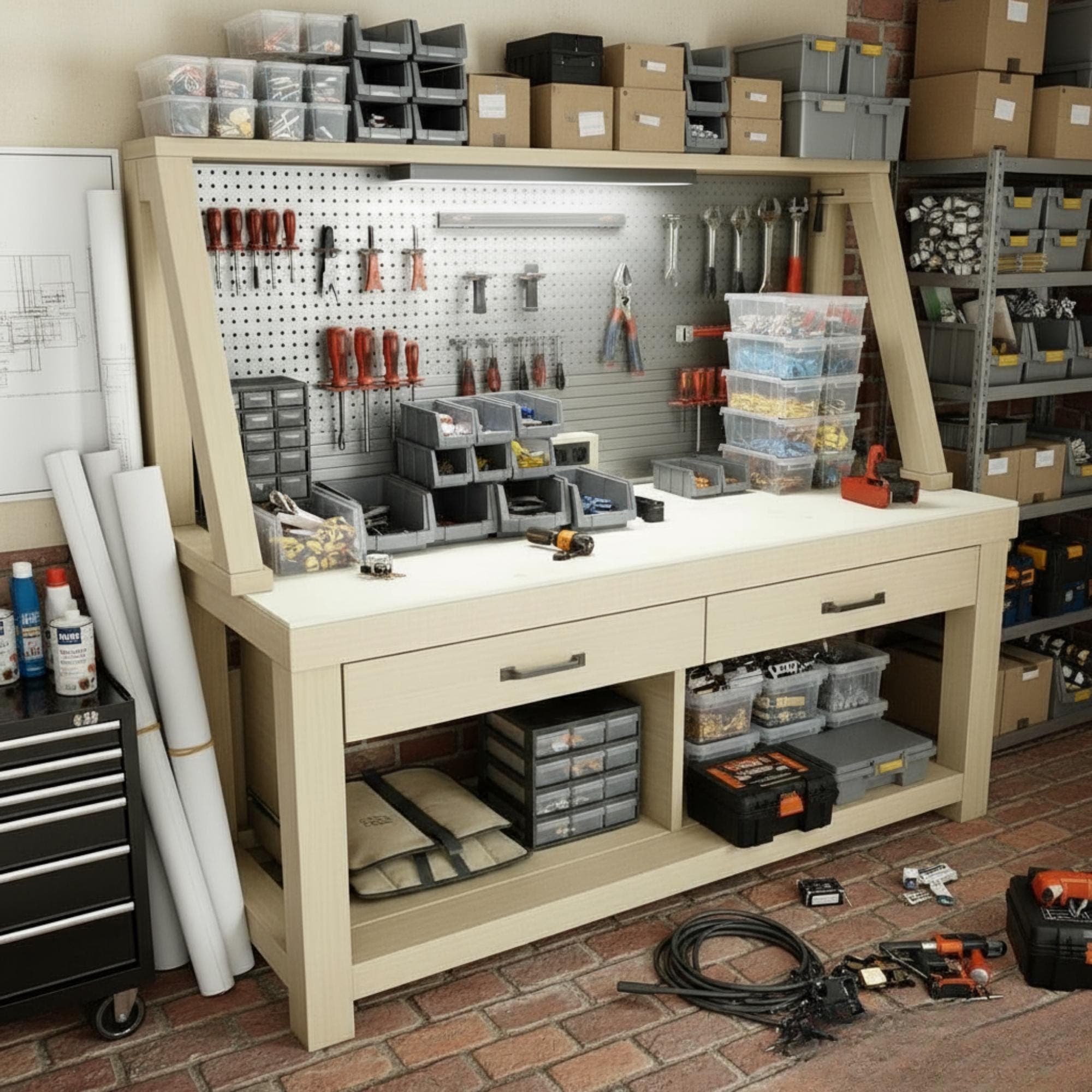 Work Bench With Storage DIY Plan | Garage Workbench and Woodworking Table with Shelves - Custom Stationary Desk Plan - view 3