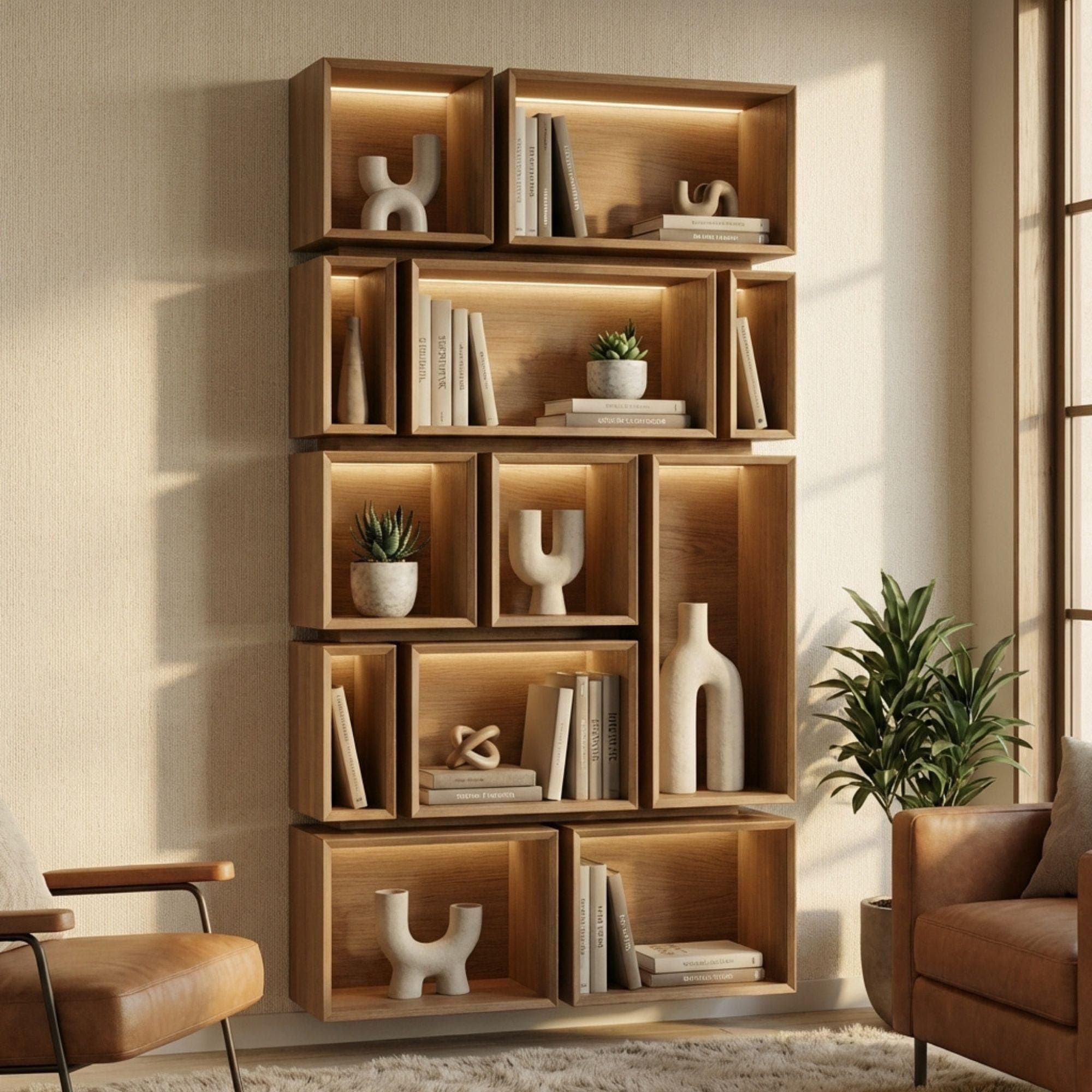 DIY Geometric Bookshelf Plans | Large Asymmetrical Bookcase Blueprint | Abstract Wall Book Shelves PDF - view 6