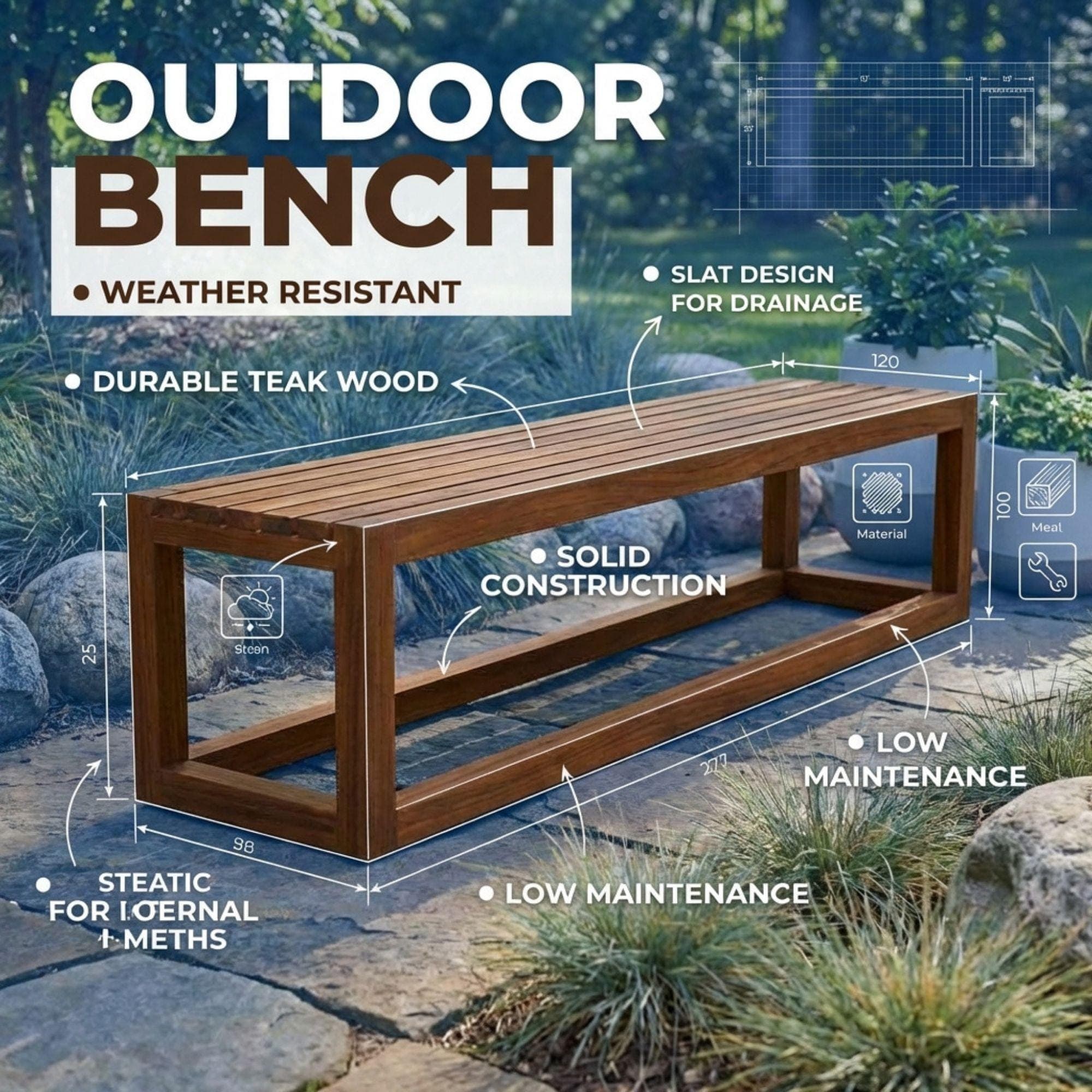 DIY Outdoor Bench Plans | Simple Wood Deck Bench Blueprint | Modern Backless Garden Seating PDF - view 4