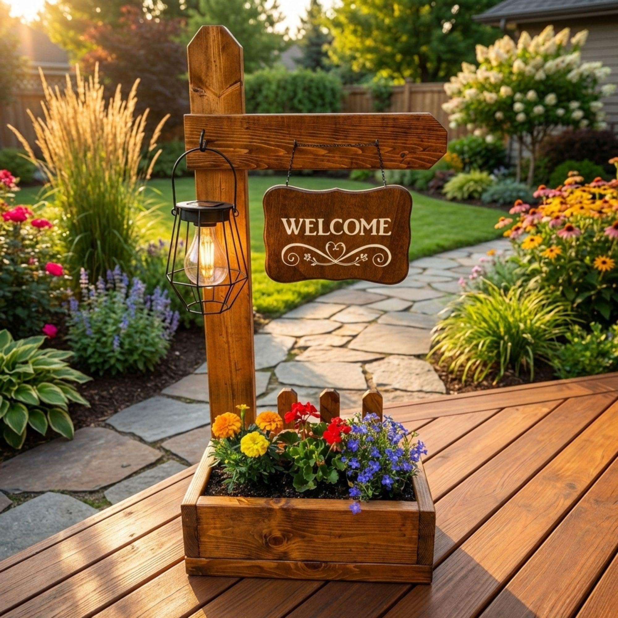 DIY Welcome Sign Planter Box Plans PDF | Front Porch Wooden Plant Stand | Hanging Basket Woodworking Blueprint | Garden Decor Project - view 4