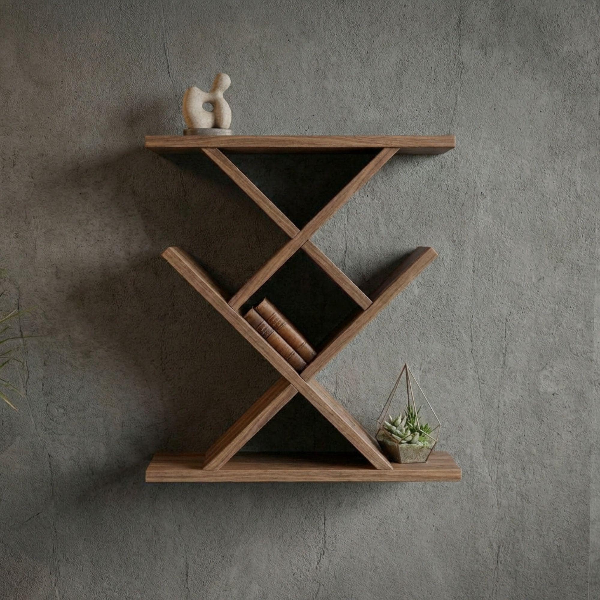 DIY Floating Shelf Plan | Modern X Shaped Wall Shelf Blueprint | Geometric Bookcase Woodworking Plans - view 5