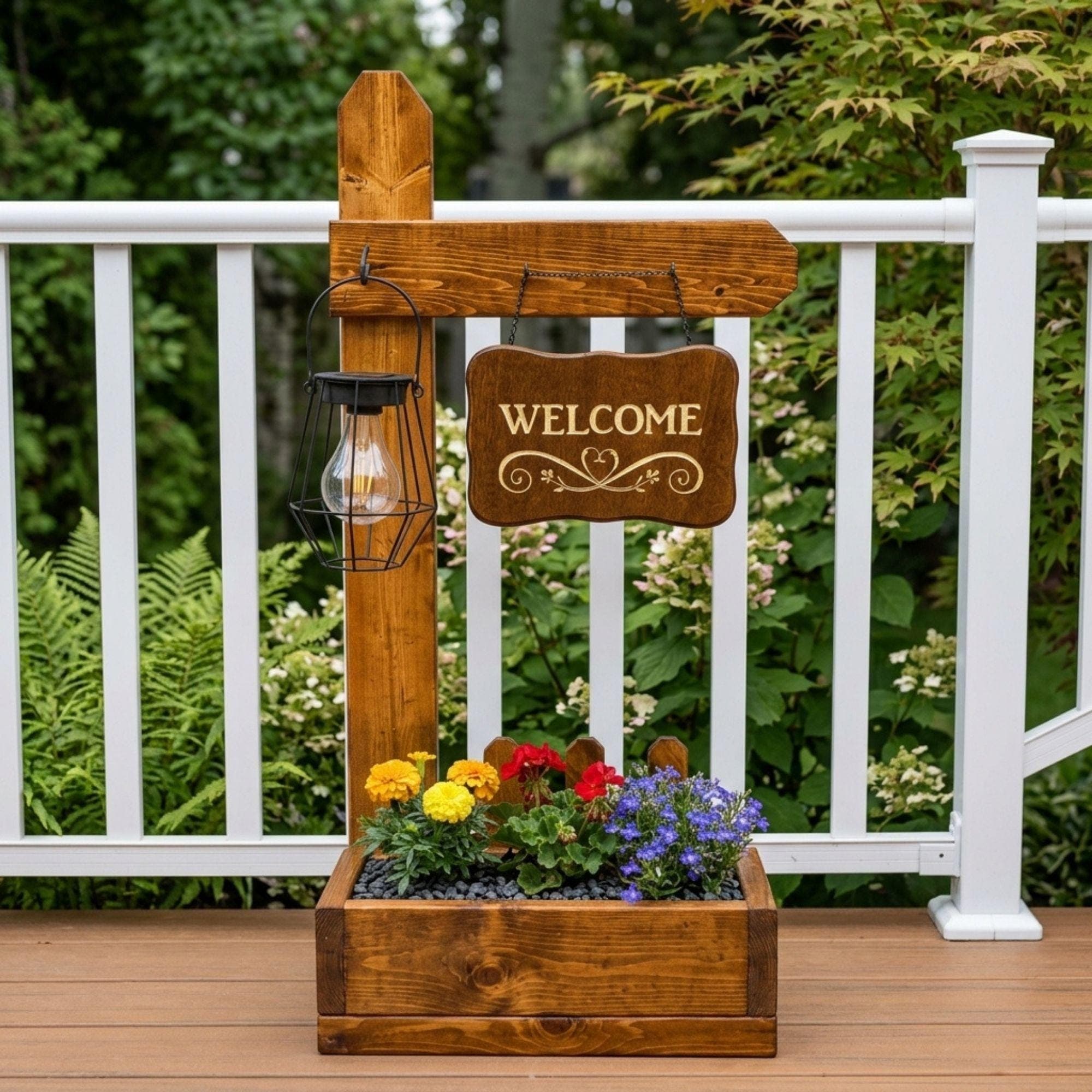 DIY Welcome Sign Planter Box Plans PDF | Front Porch Wooden Plant Stand | Hanging Basket Woodworking Blueprint | Garden Decor Project - view 5