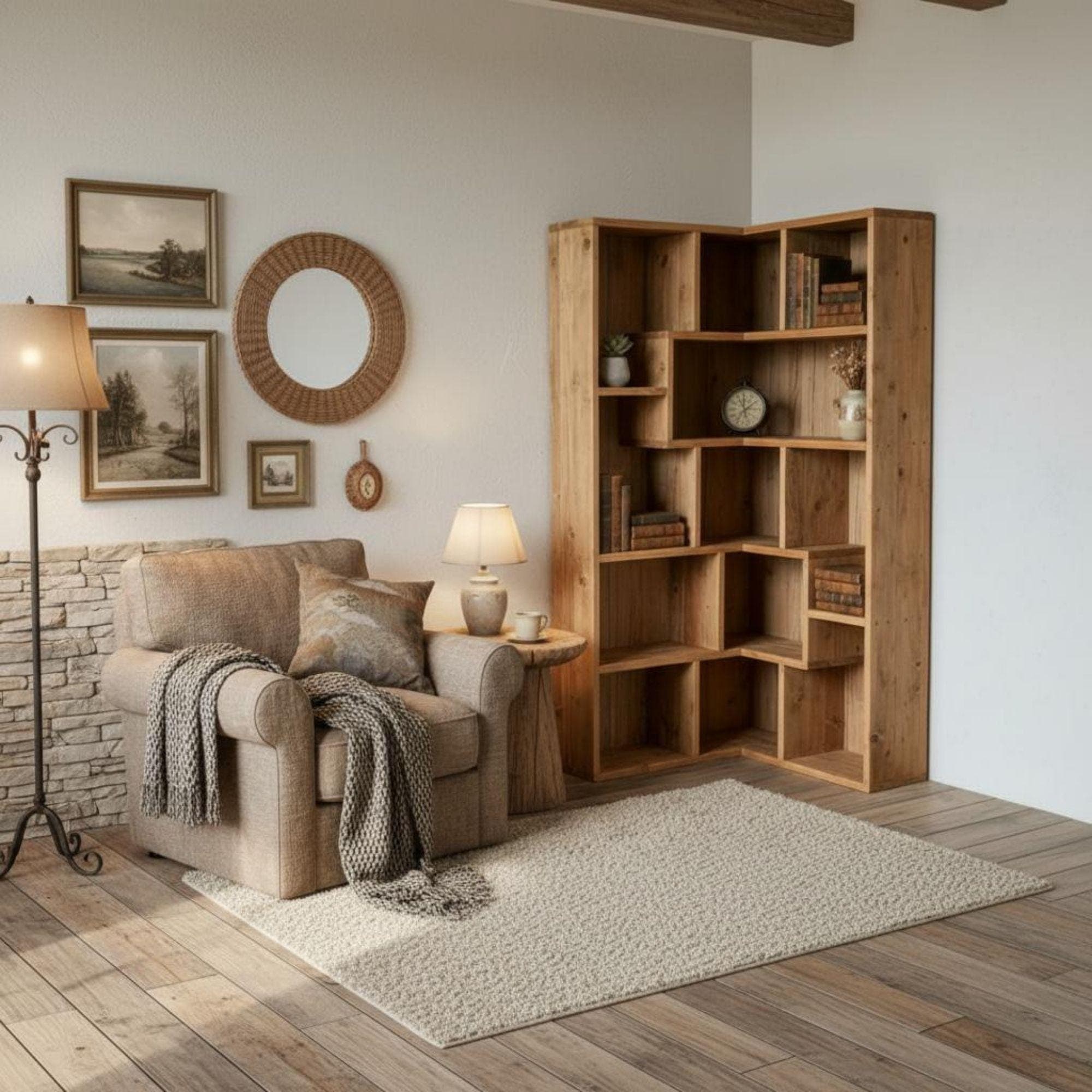 DIY Corner Bookshelf Plans PDF | Artistic Triangle Wall Shelf | Space-Saving Wood Corner Unit | Hanging Corner Bookcase & Decor - view 7