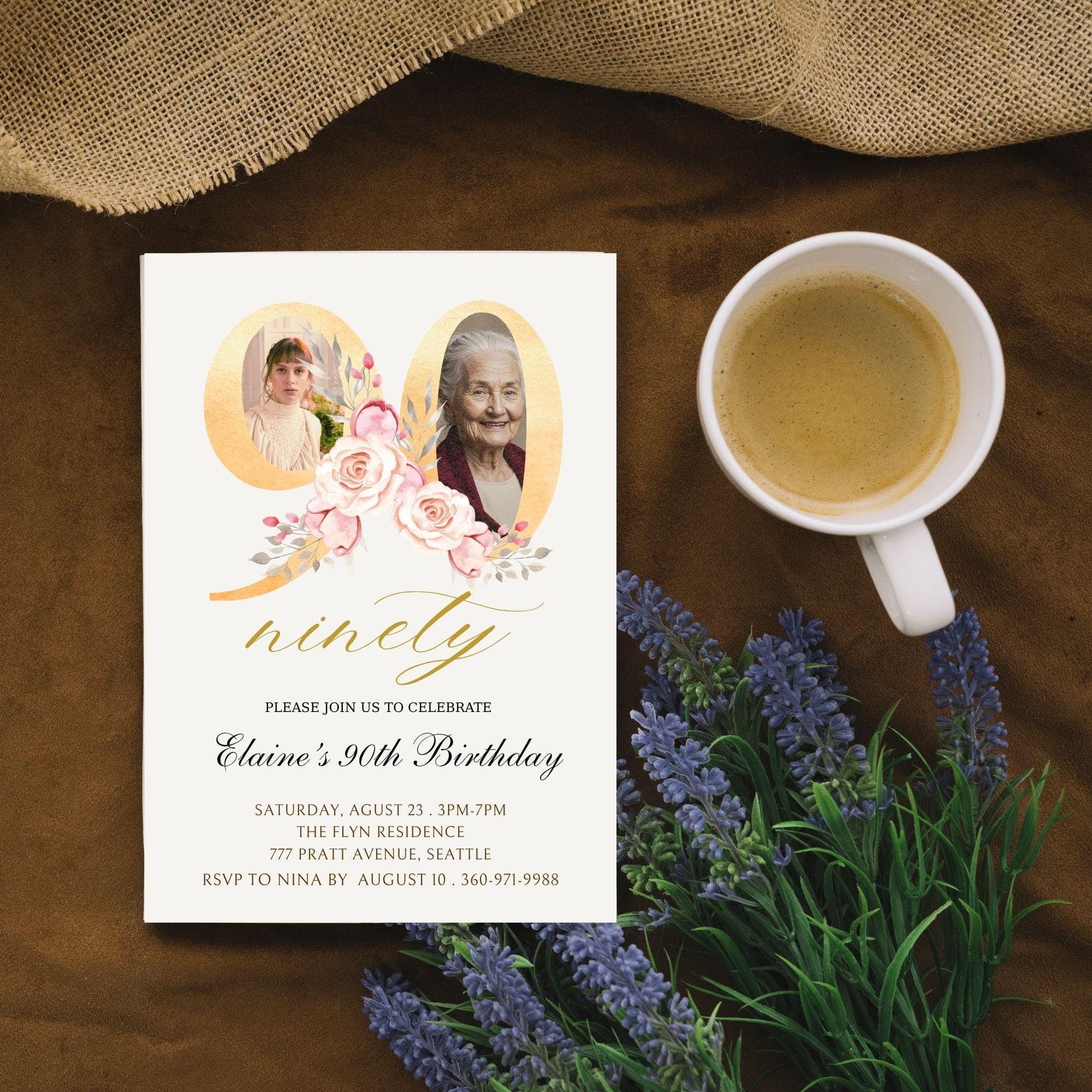 Floral 90th Birthday Invitation | Photo Keepsake (Digital) - view 4