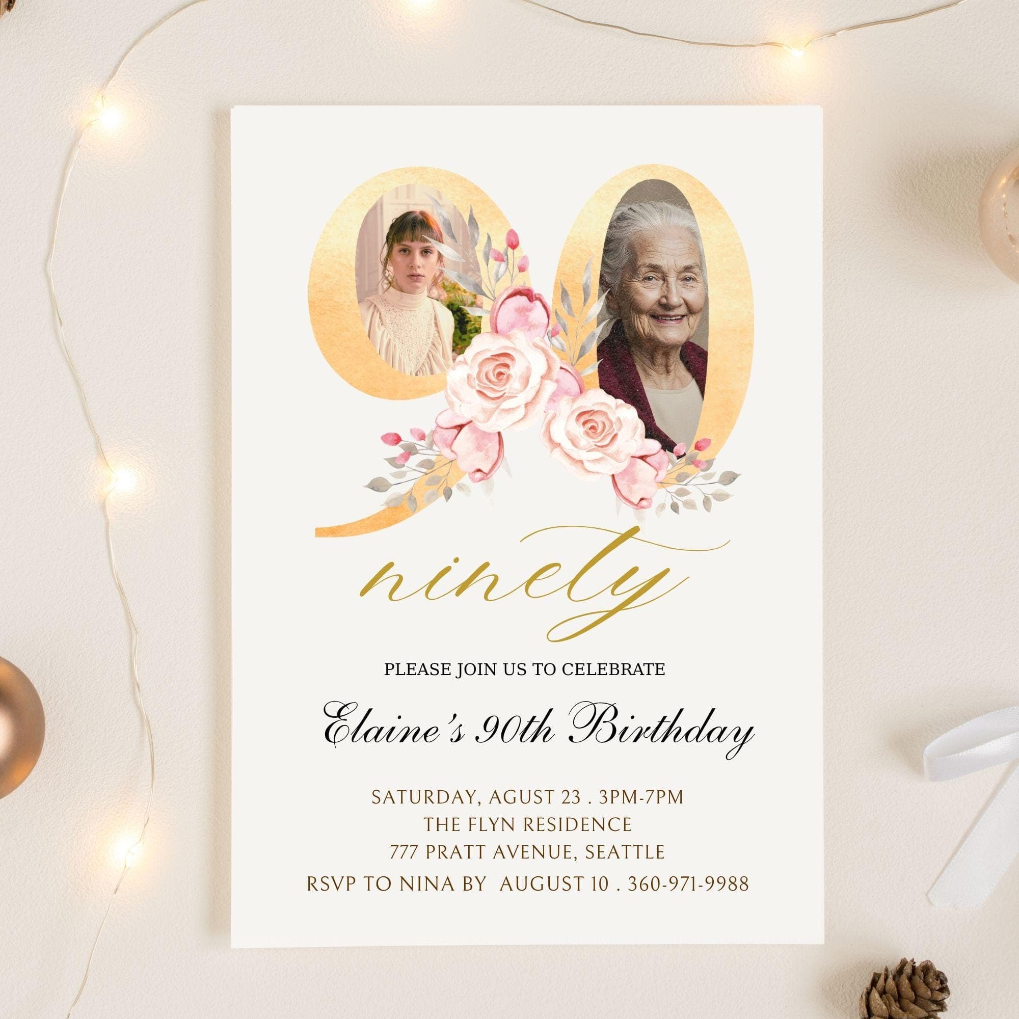 Floral 90th Birthday Invitation | Photo Keepsake (Digital) - view 2