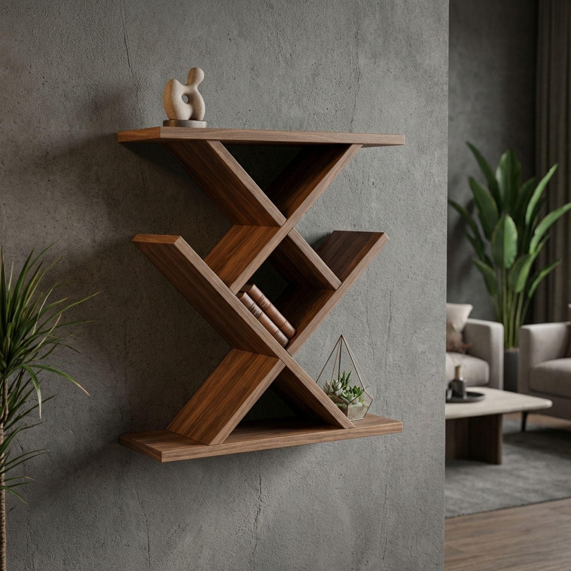 DIY Floating Shelf Plan | Modern X Shaped Wall Shelf Blueprint | Geometric Bookcase Woodworking Plans - view 3