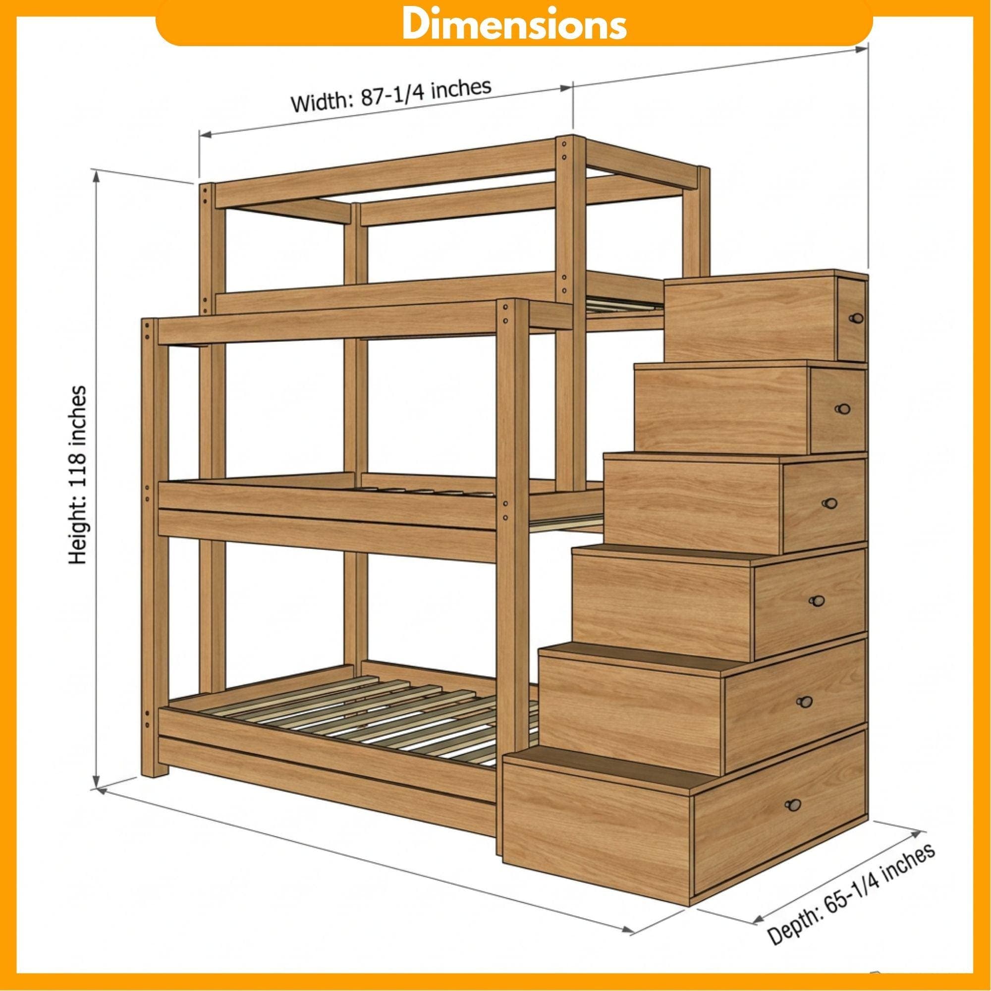 DIY Triple Bunk Bed Plans | 3 Tier Bunk Bed with Storage Stairs | Wooden Loft Bed Blueprint PDF - view 2