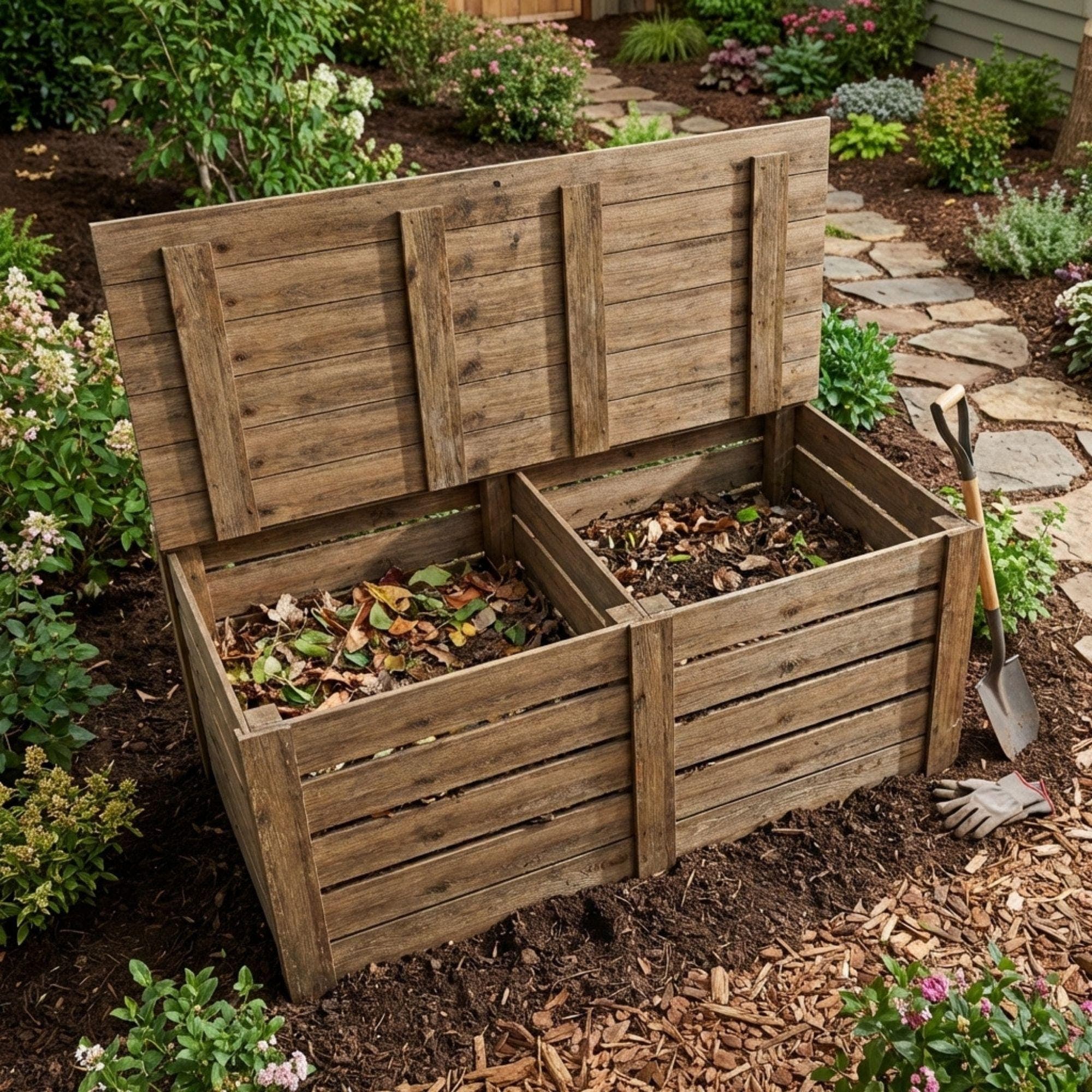 DIY Compost Bin Plans PDF | Dual Chamber Wooden Composter Blueprint | 2-Bay Garden Compost Box | Yard Waste Bin Woodworking Project - view 4