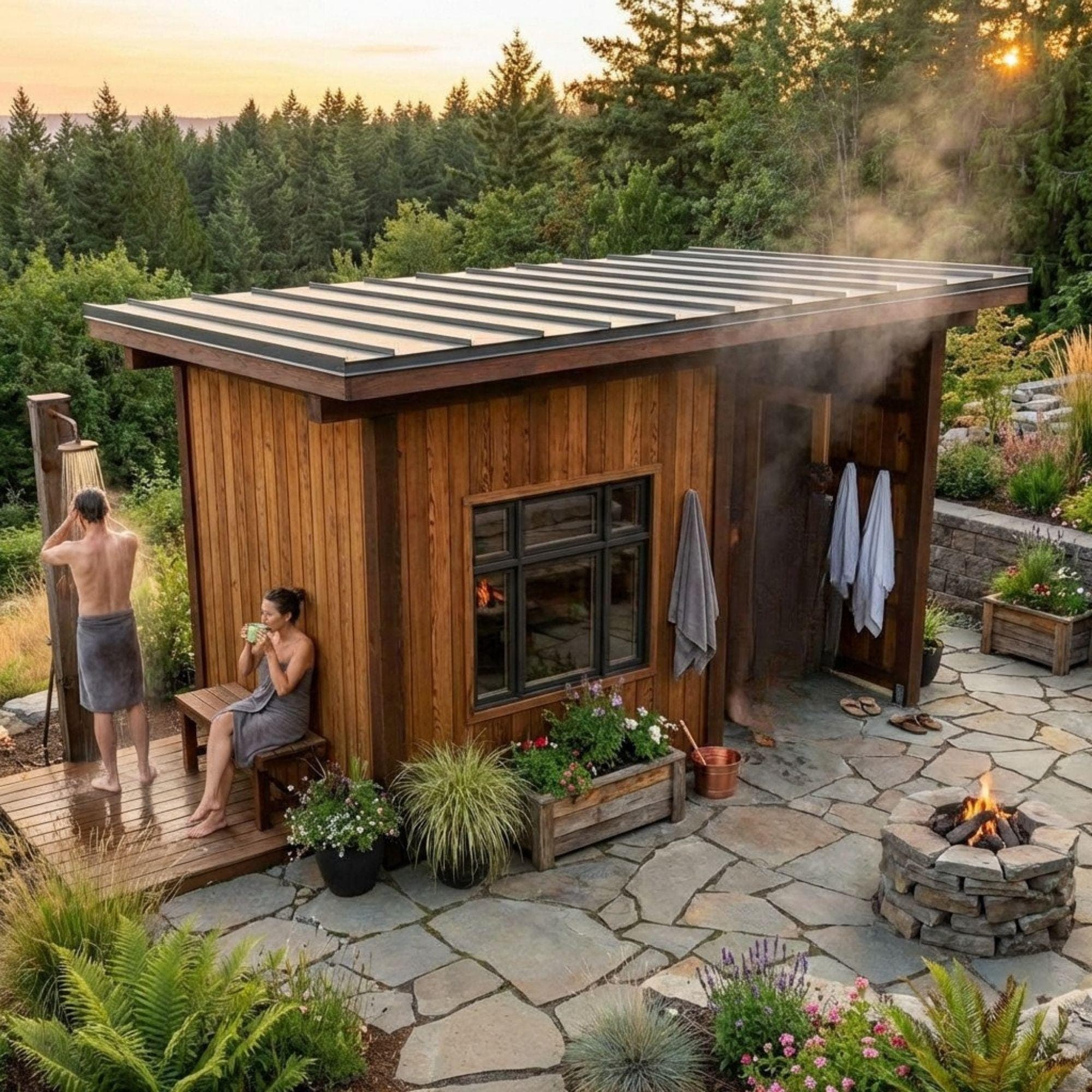 DIY Outdoor Sauna Plans | Modern Sauna Blueprints PDF | Sauna With Window | Sauna With Shower Plans | Backyard Sauna Building Design - view 3
