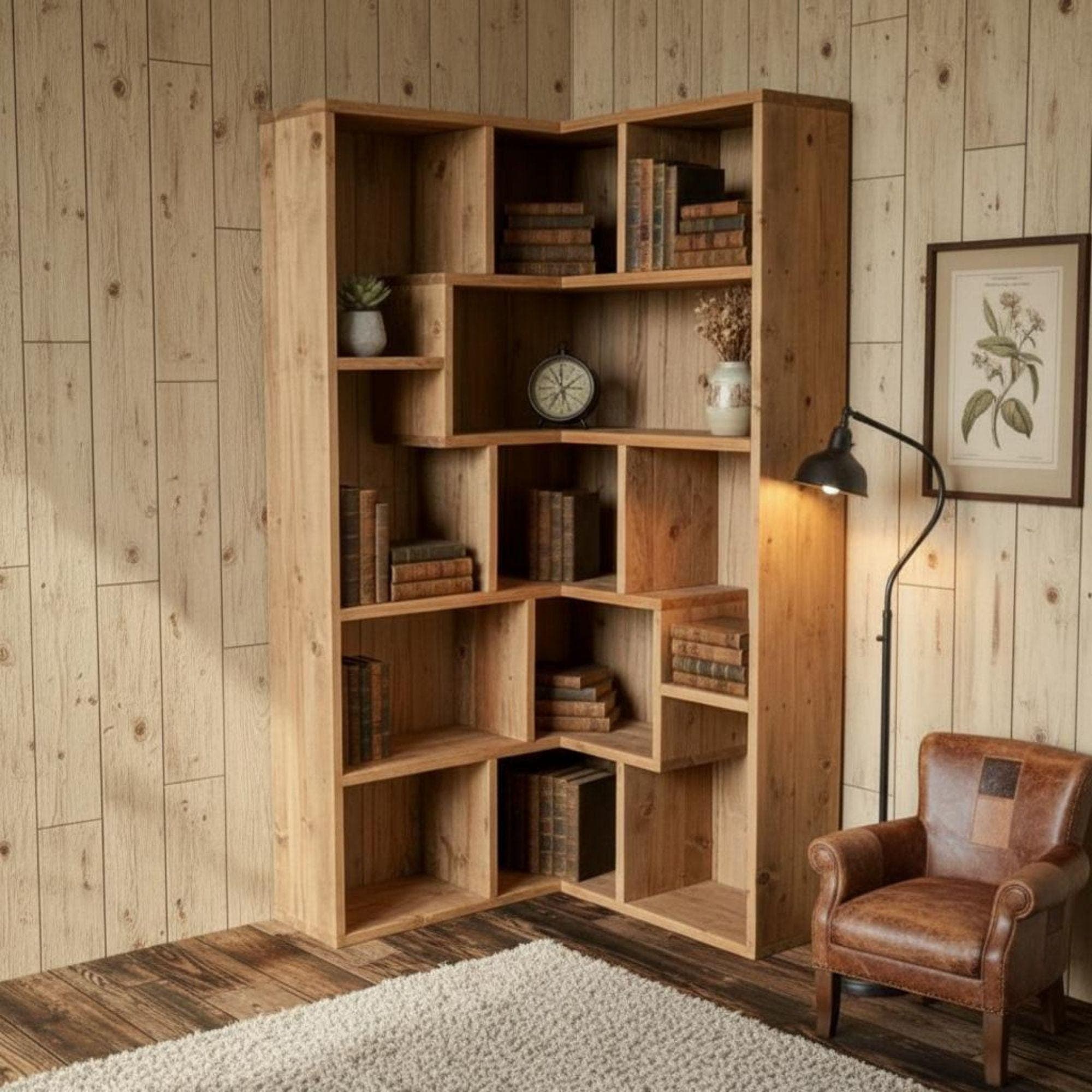 DIY Corner Bookshelf Plans PDF | Artistic Triangle Wall Shelf | Space-Saving Wood Corner Unit | Hanging Corner Bookcase & Decor - view 5