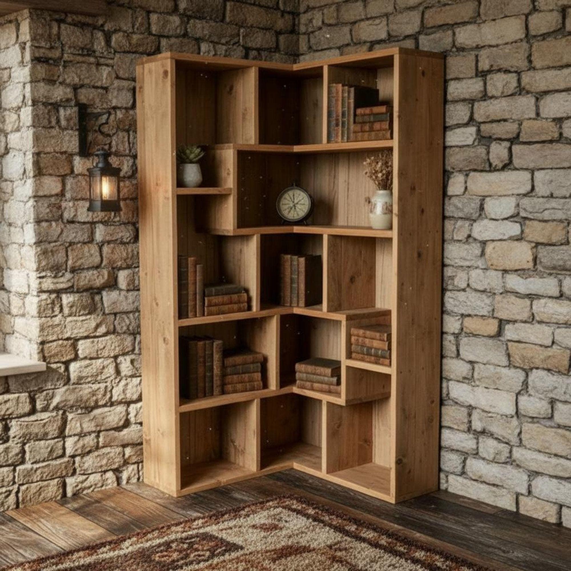 DIY Corner Bookshelf Plans PDF | Artistic Triangle Wall Shelf | Space-Saving Wood Corner Unit | Hanging Corner Bookcase & Decor - view 6