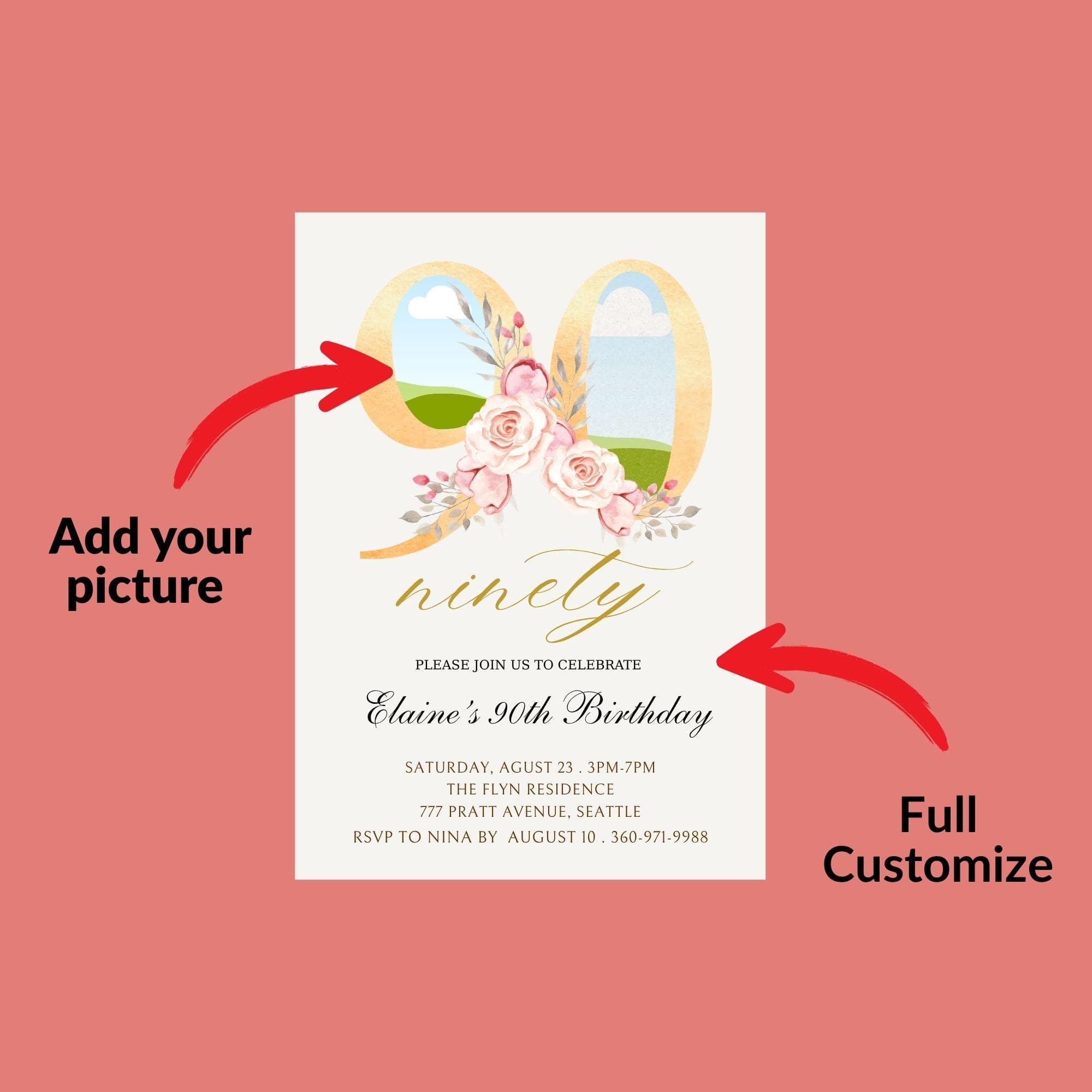 Floral 90th Birthday Invitation | Photo Keepsake (Digital) - view 6