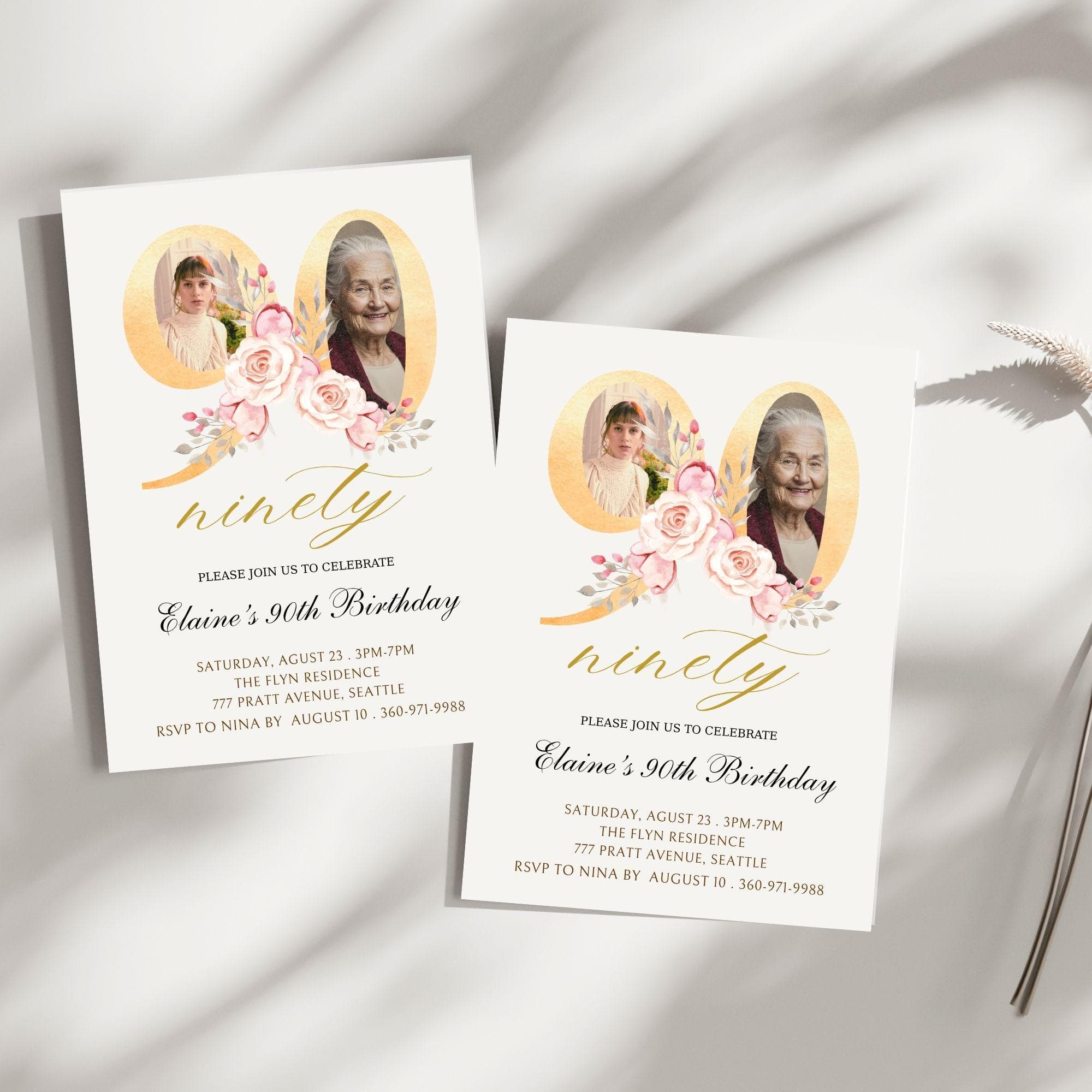 Floral 90th Birthday Invitation | Photo Keepsake (Digital) - view 3
