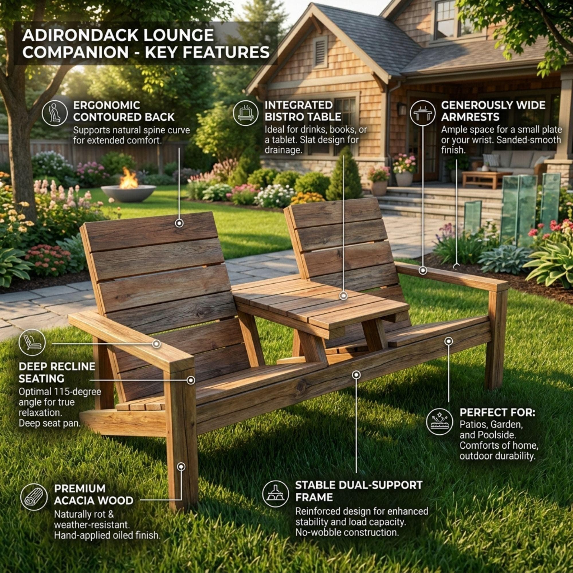 DIY Outdoor Double Chair Plans | Wooden Porch Furniture Blueprint | Double Seat Bench with Table PDF - view 3