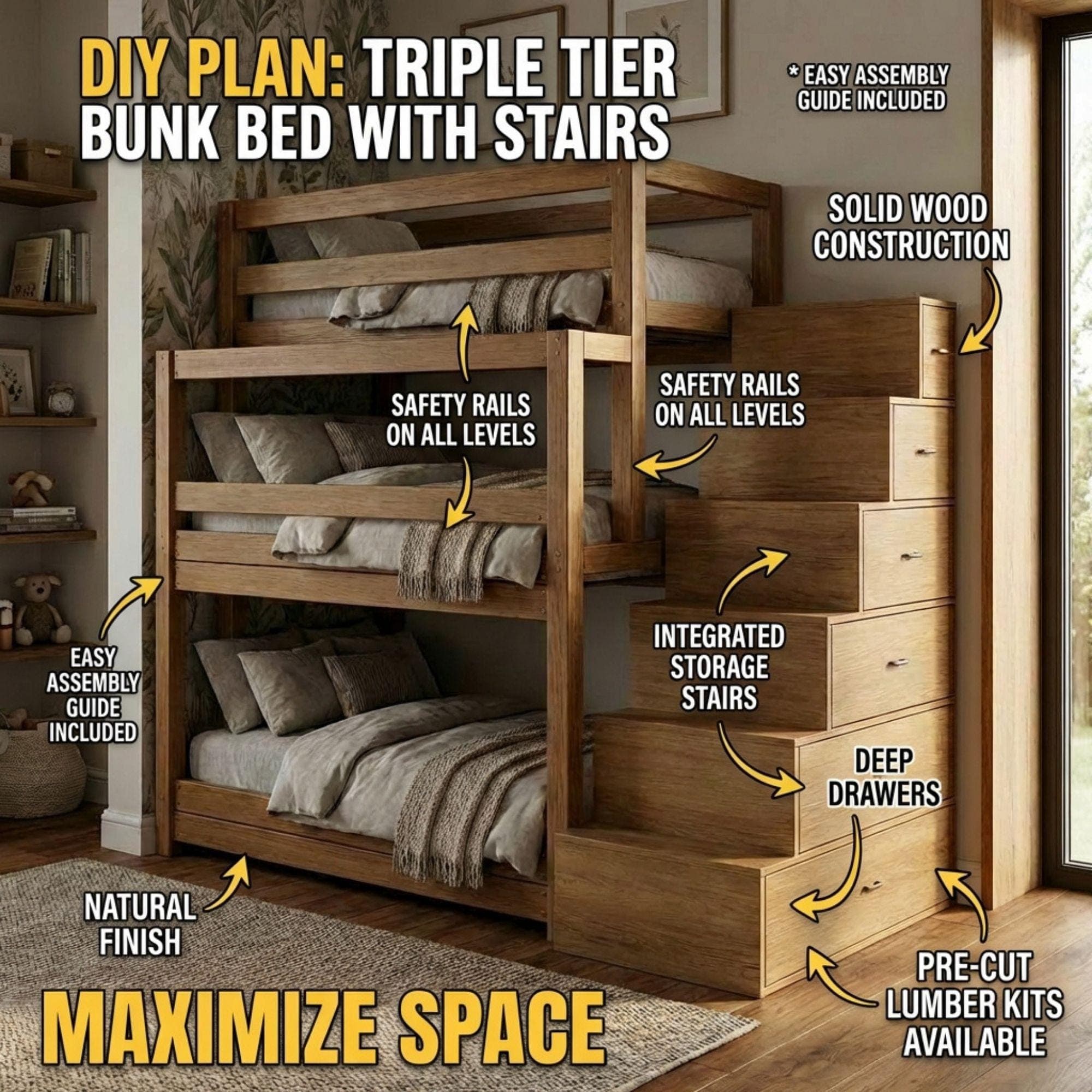 DIY Triple Bunk Bed Plans | 3 Tier Bunk Bed with Storage Stairs | Wooden Loft Bed Blueprint PDF - view 3