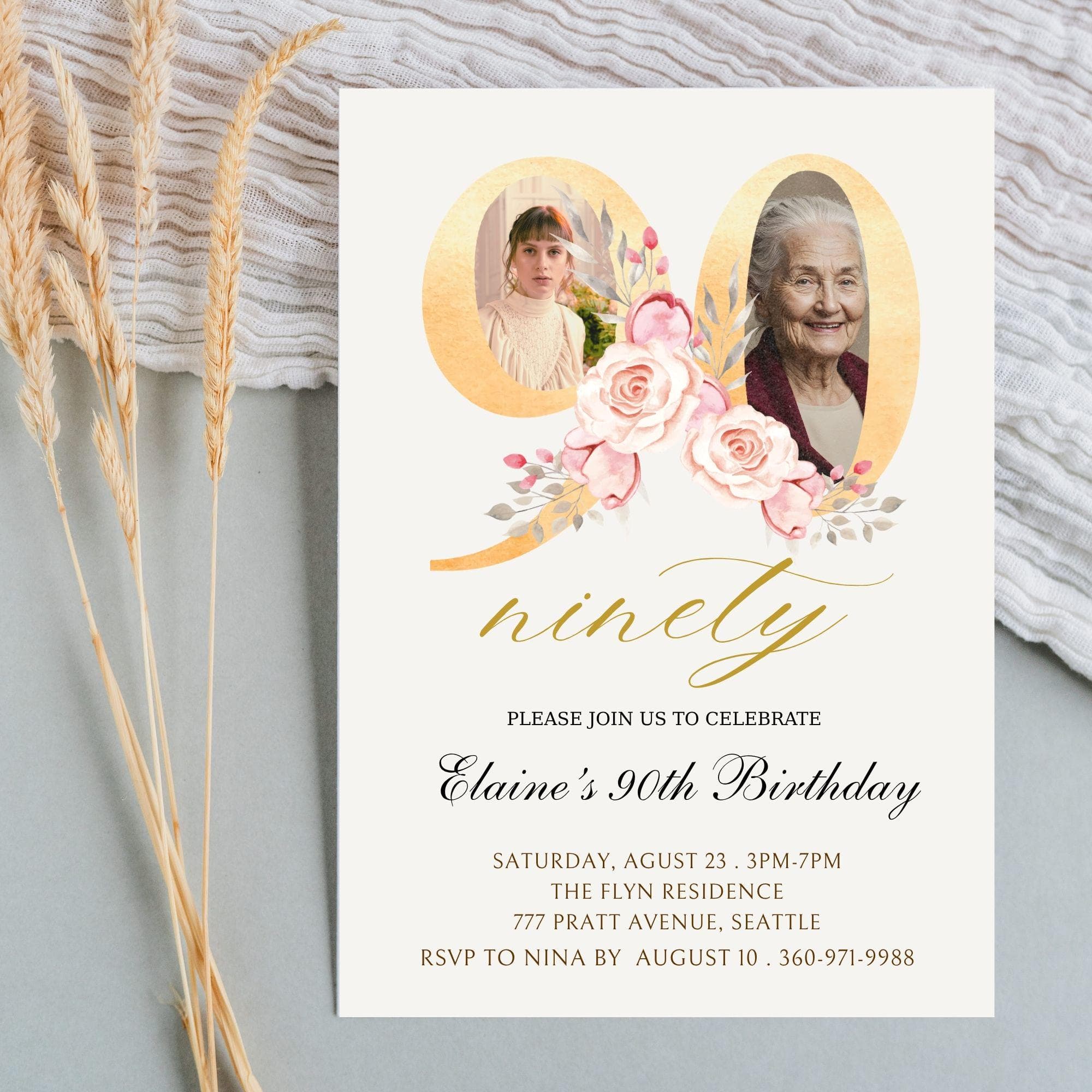 Floral 90th Birthday Invitation | Photo Keepsake (Digital) - view 5