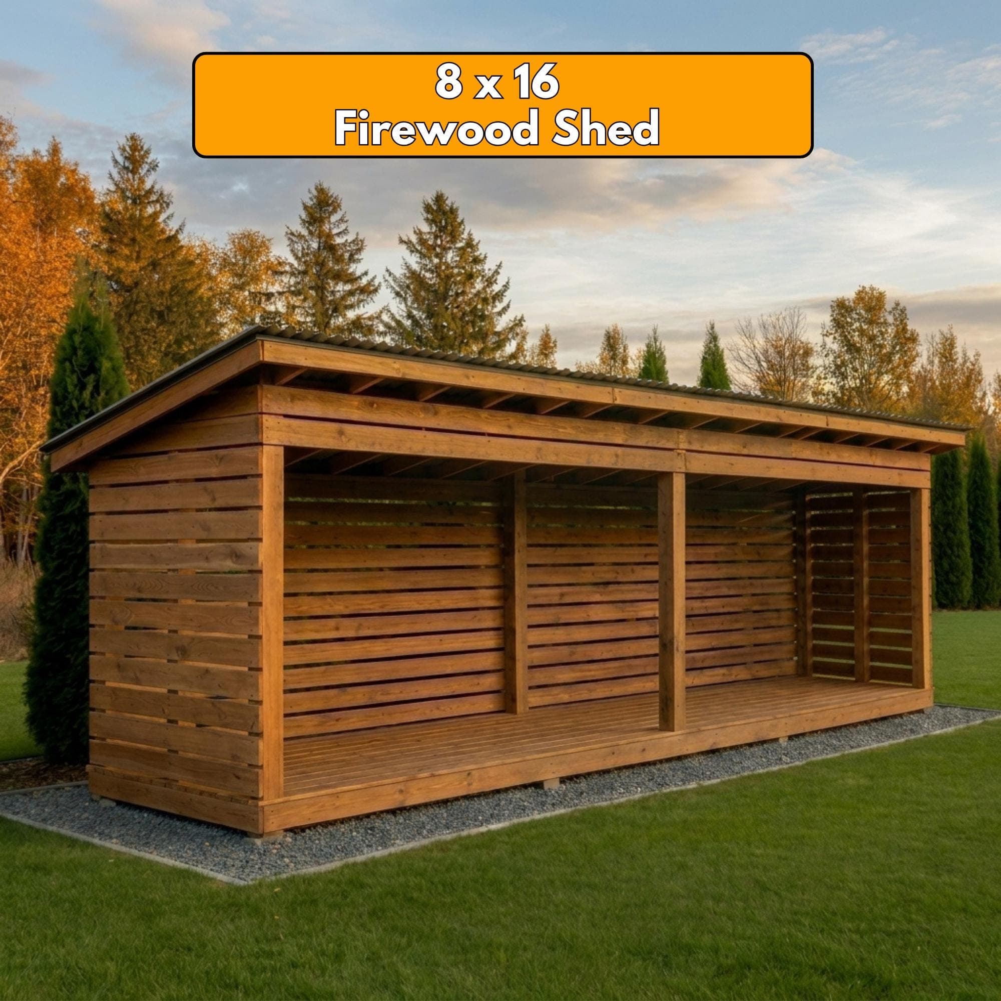 8x16 Firewood Shed DIY Plans PDF | 2 Cord Wood Storage Rack Blueprint | Extra Large Dry Wood Shelter
