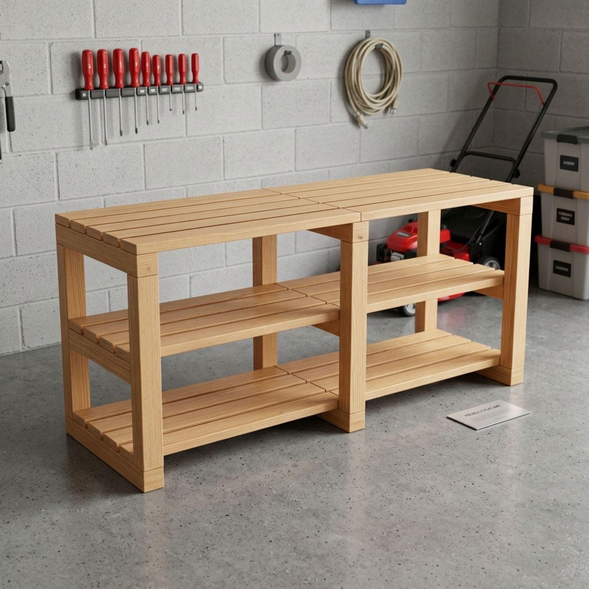 DIY Standing Wall Shelf Plans PDF | Wooden Shoe Rack & Storage Organizer | Multi-Purpose Slatted Wood Console - view 5