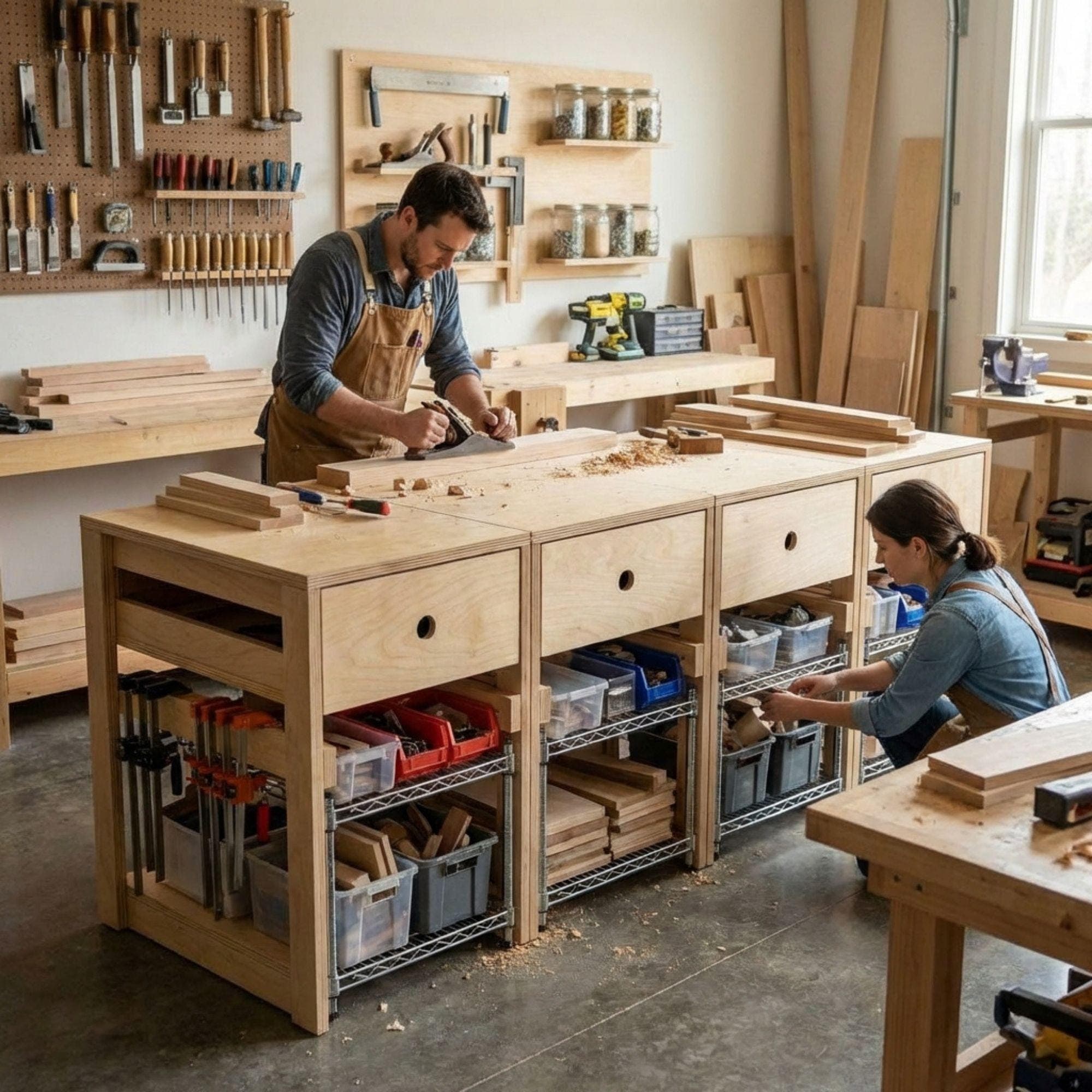 DIY Workbench Plans with Drawers | Modular Work Table for Garage | Garage Work Bench Blueprints | Woodworking Table with Shelves - view 3