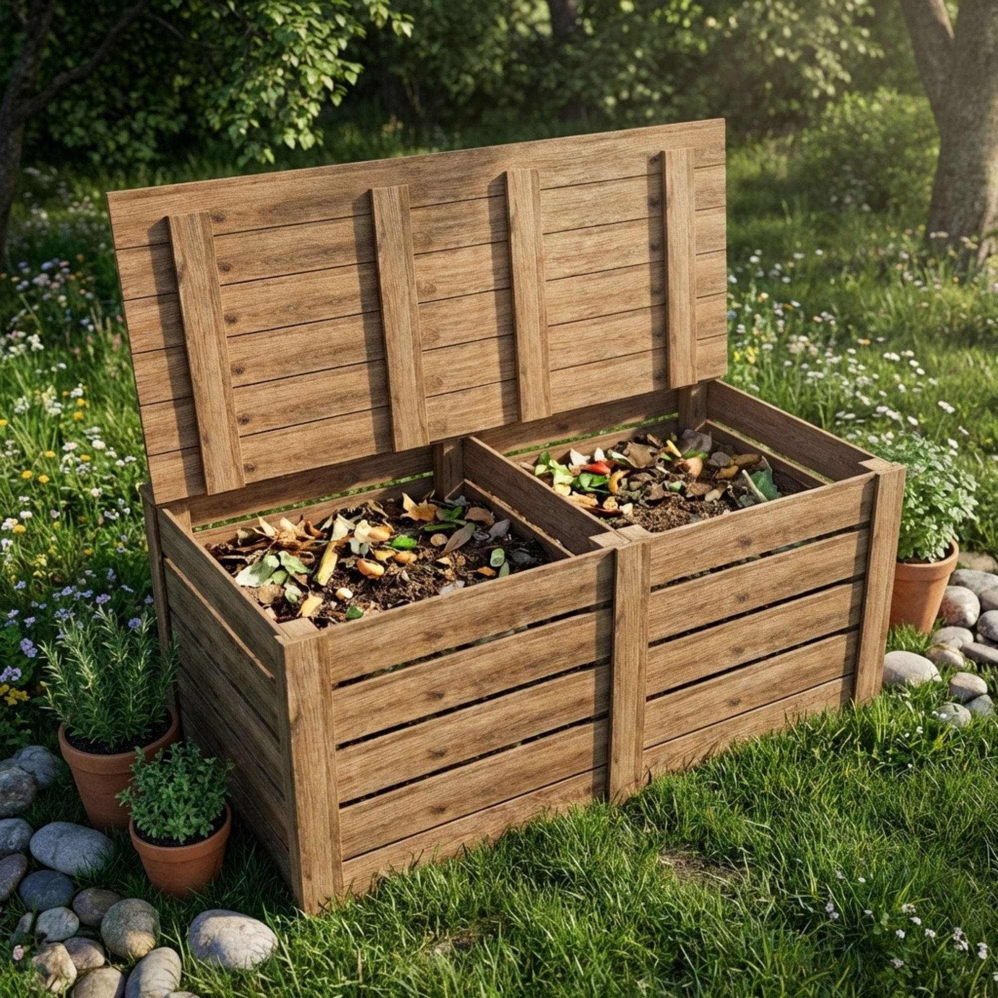 DIY Compost Bin Plans PDF | Dual Chamber Wooden Composter Blueprint | 2-Bay Garden Compost Box | Yard Waste Bin Woodworking Project - view 5