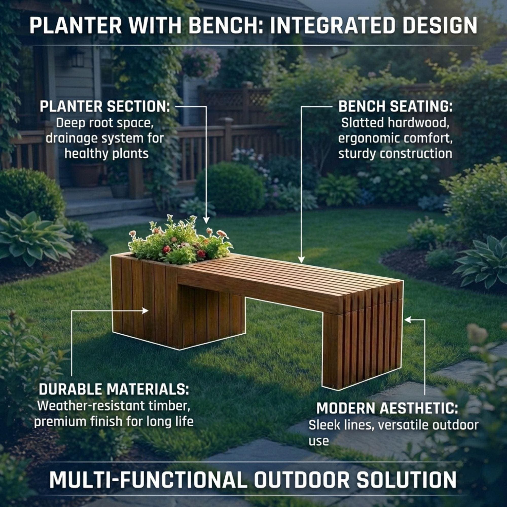 Modern Slatted Planter Bench Plans | Outdoor Seating Blueprint (PDF Download) - view 3