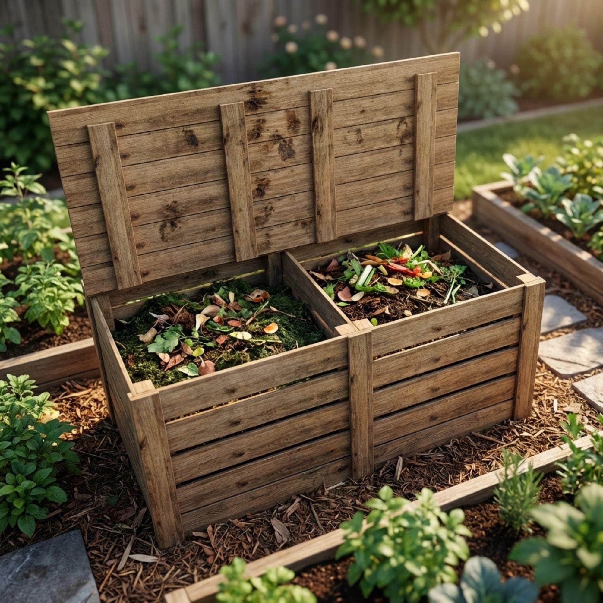 DIY Compost Bin Plans PDF | Dual Chamber Wooden Composter Blueprint | 2-Bay Garden Compost Box | Yard Waste Bin Woodworking Project - view 3