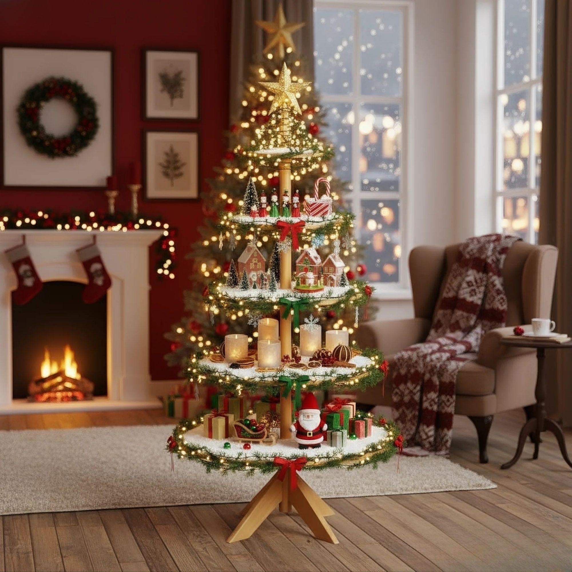 Christmas Village Tree Stand Plans | DIY Tiered Display Shelf Instructions | Wooden Miniature Village Platform | Woodworking Pattern - view 5