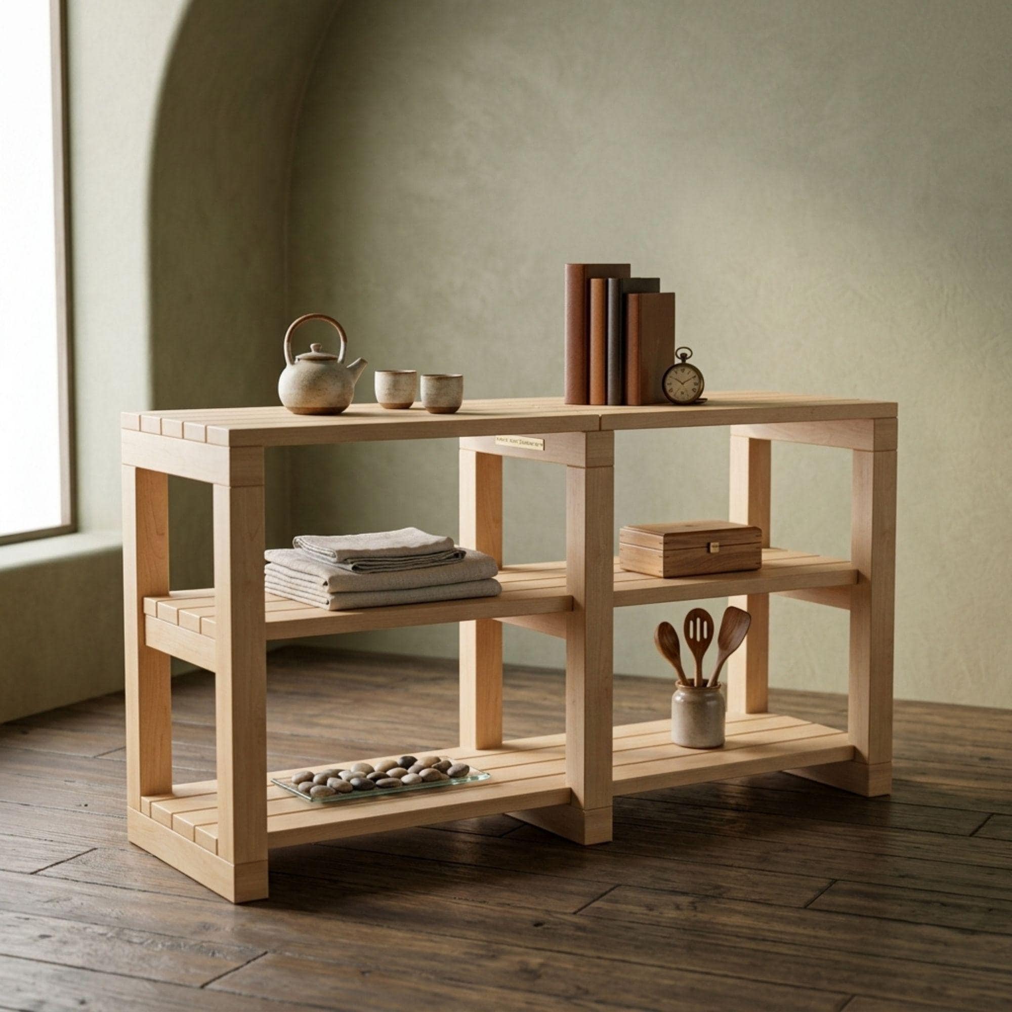 DIY Standing Wall Shelf Plans PDF | Wooden Shoe Rack & Storage Organizer | Multi-Purpose Slatted Wood Console - view 4