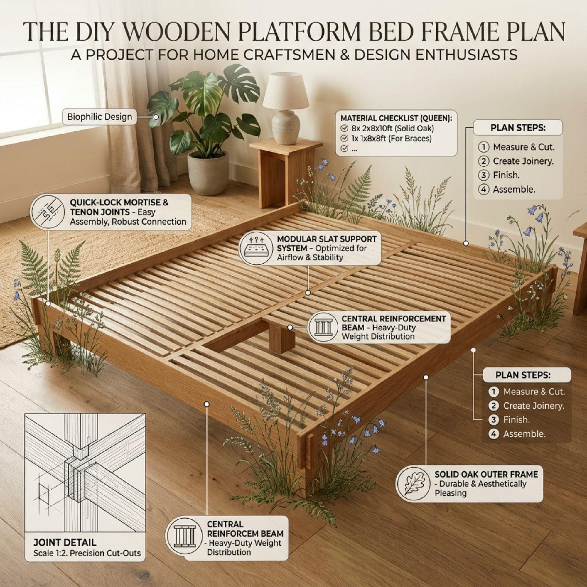DIY Platform Bed Plans | Wooden Bed Frame Blueprint | Modern Low Profile Bed Design PDF - view 4