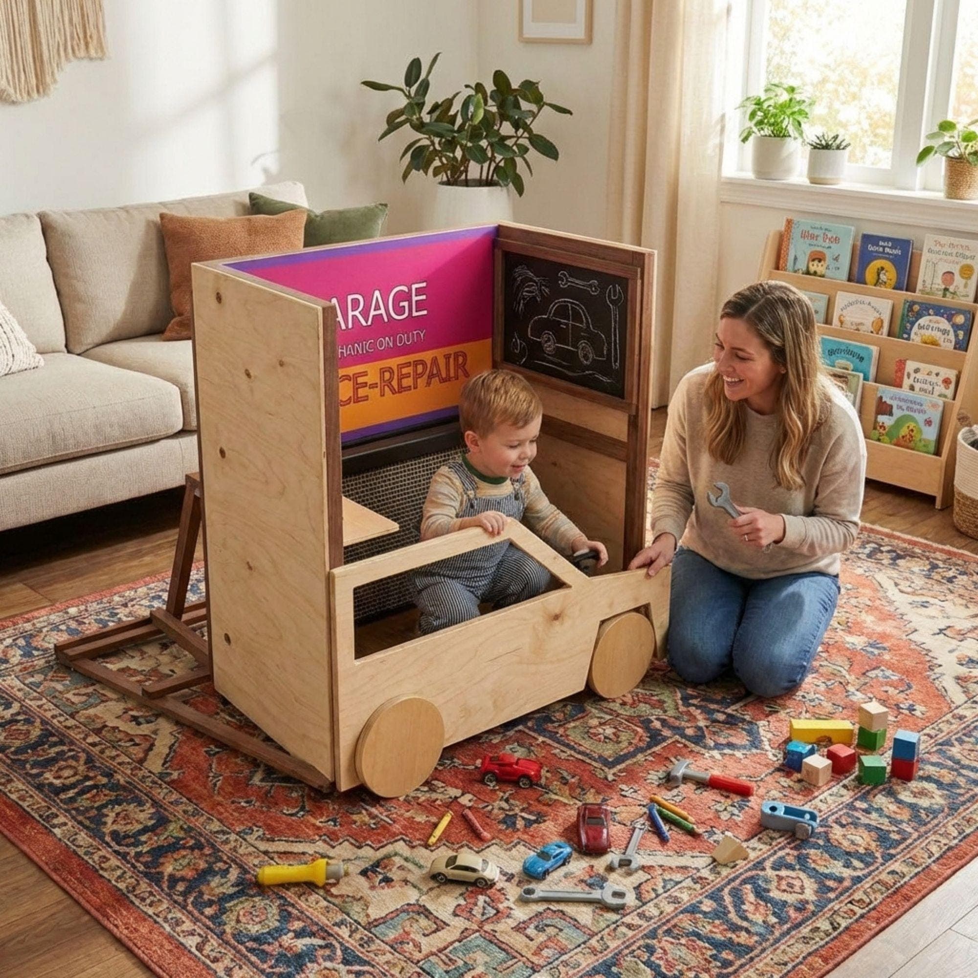 DIY Kids Garage Playset Plan | Mechanic Pretend Play Station PDF | Wooden Toy Car Stand | Playroom Role Play Build