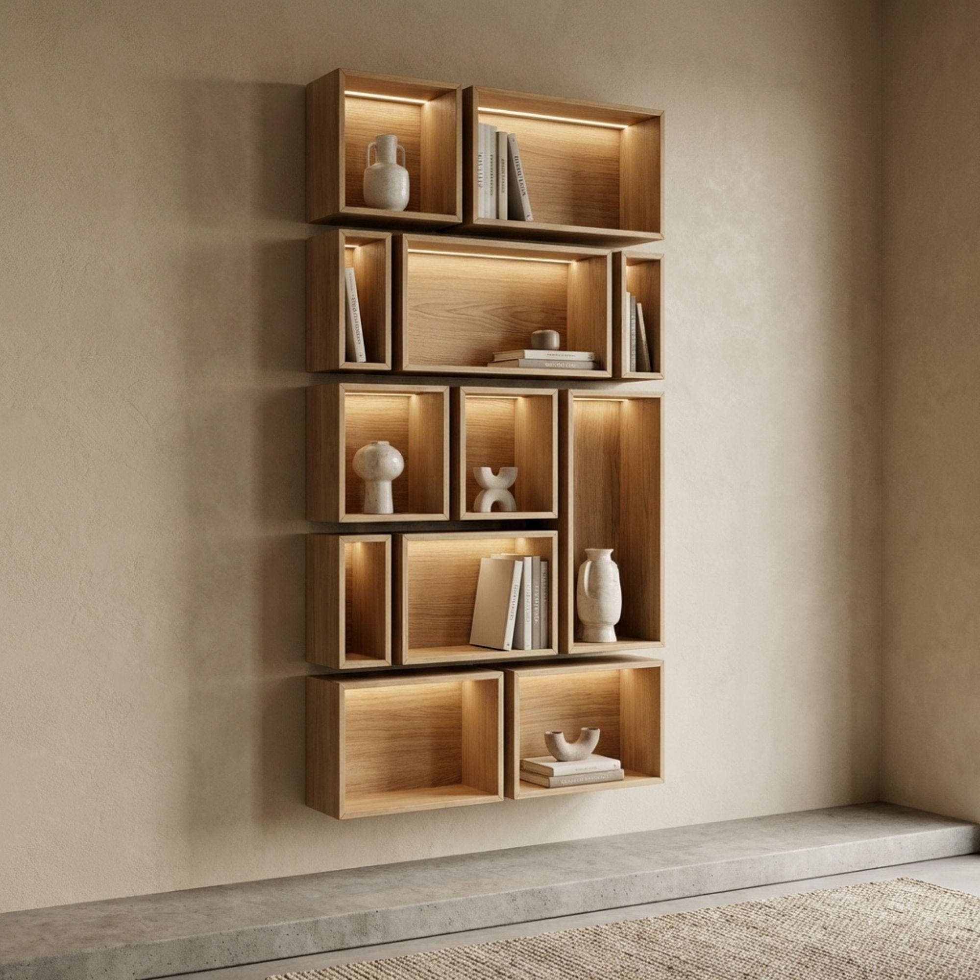 DIY Geometric Bookshelf Plans | Large Asymmetrical Bookcase Blueprint | Abstract Wall Book Shelves PDF - view 3