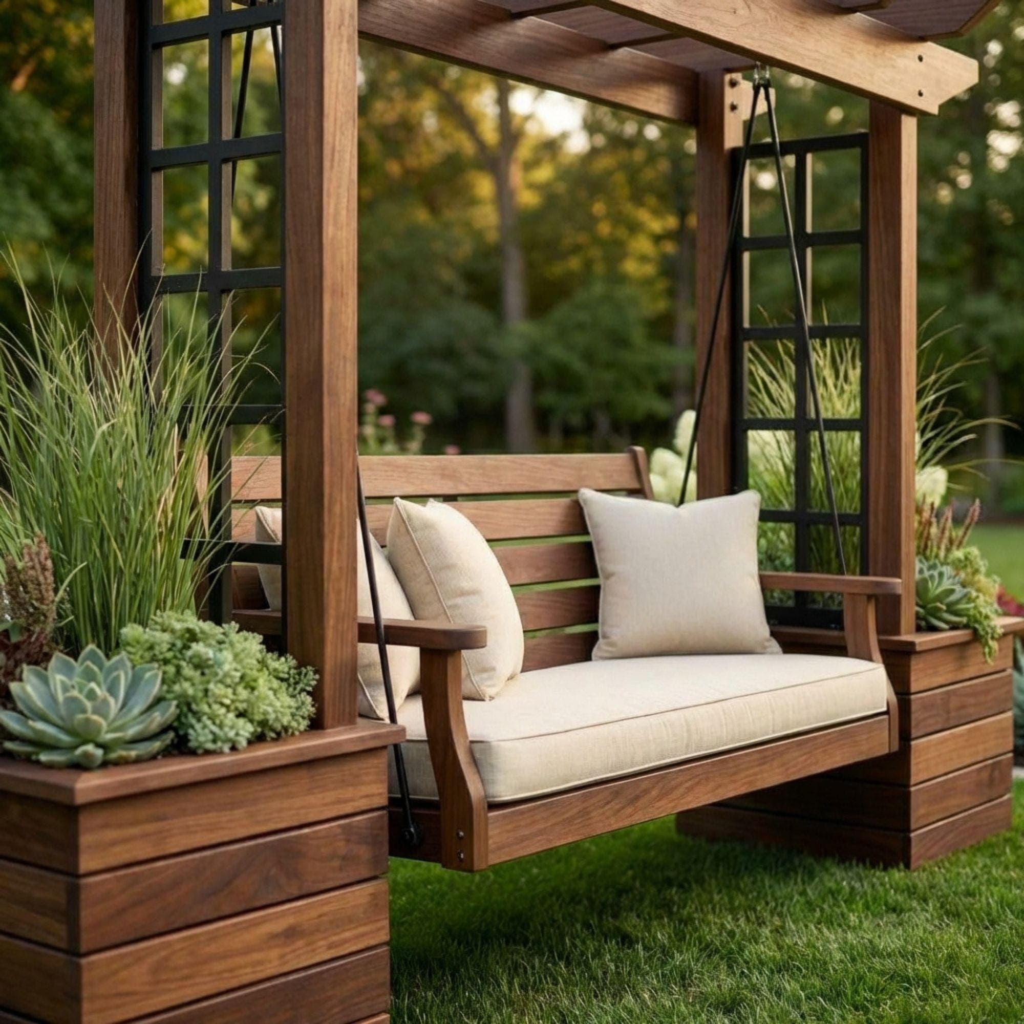 DIY Wooden Bench with Pergola and Planters | Outdoor Garden Seating & Trellis Woodworking Plan - view 7