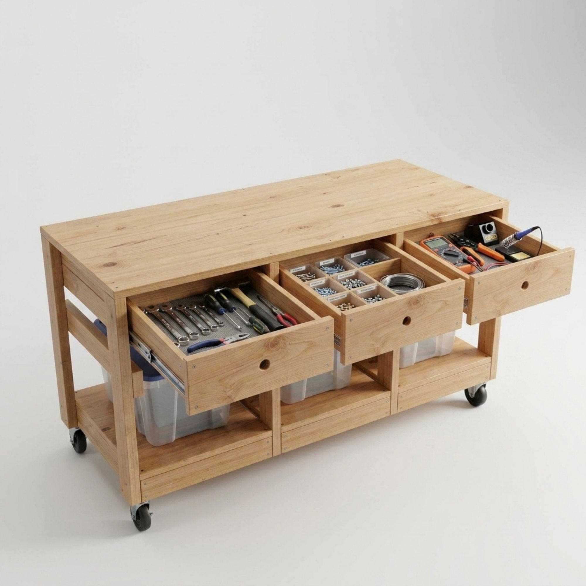 DIY Mobile Workbench with Tote Storage Plans PDF | Rolling Shop Cart & Organizer Blueprint | 3-Drawer Garage Utility Table | Woodworking - view 3