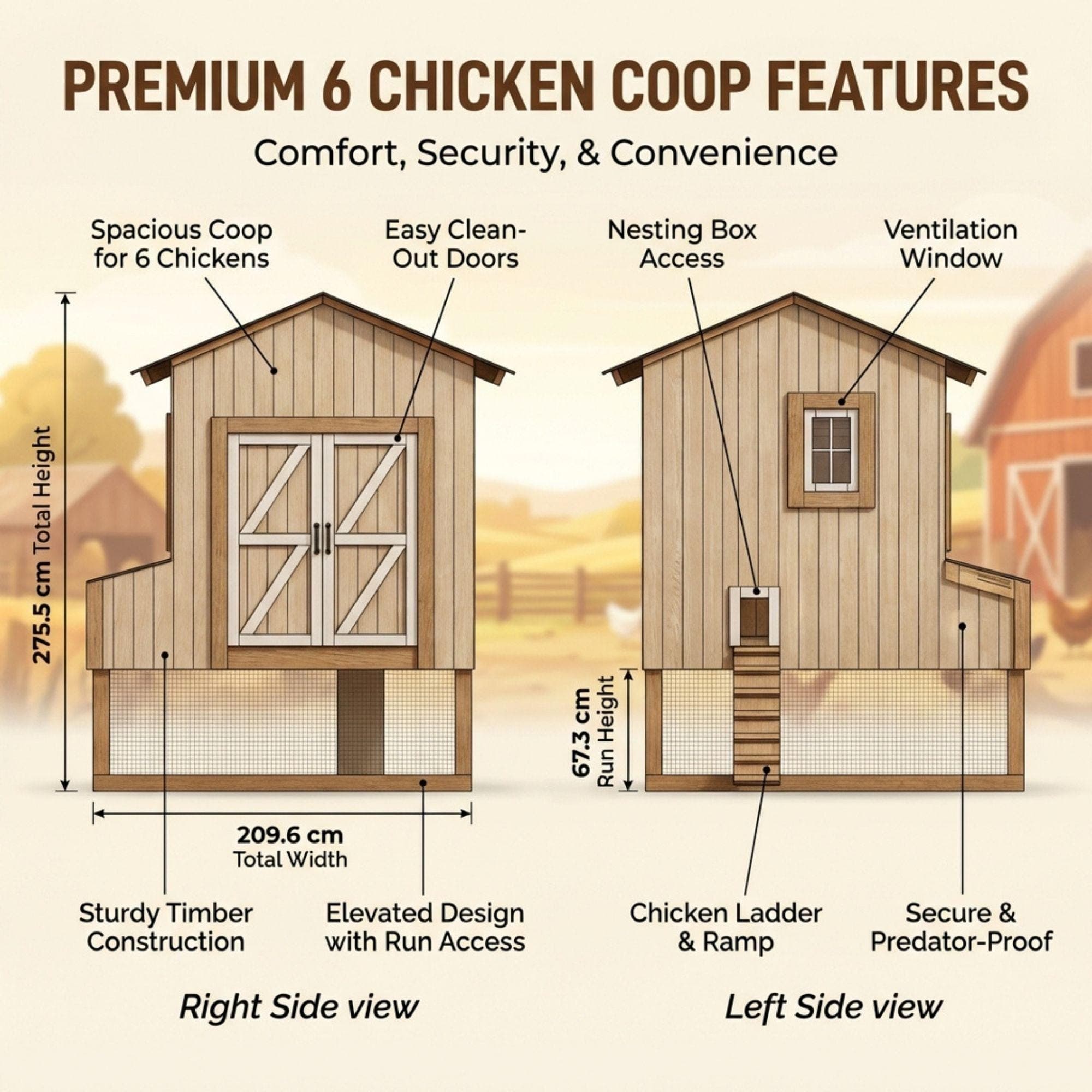 Raised Chicken Coop Plans for 6-8 Chickens | Cabin Style Hen House Blueprint (PDF) - view 3