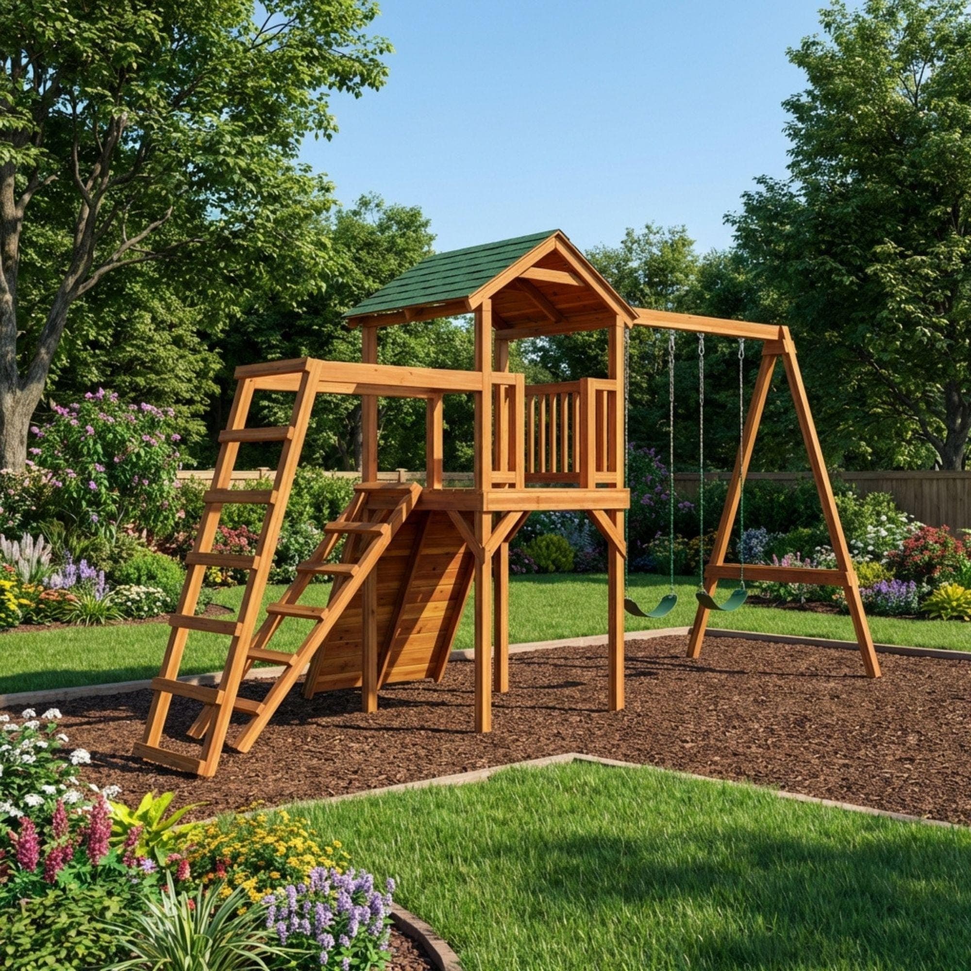 DIY Swingset With Playhouse Plans | Wooden Playset Plan PDF | Backyard Playground Plans - view 4