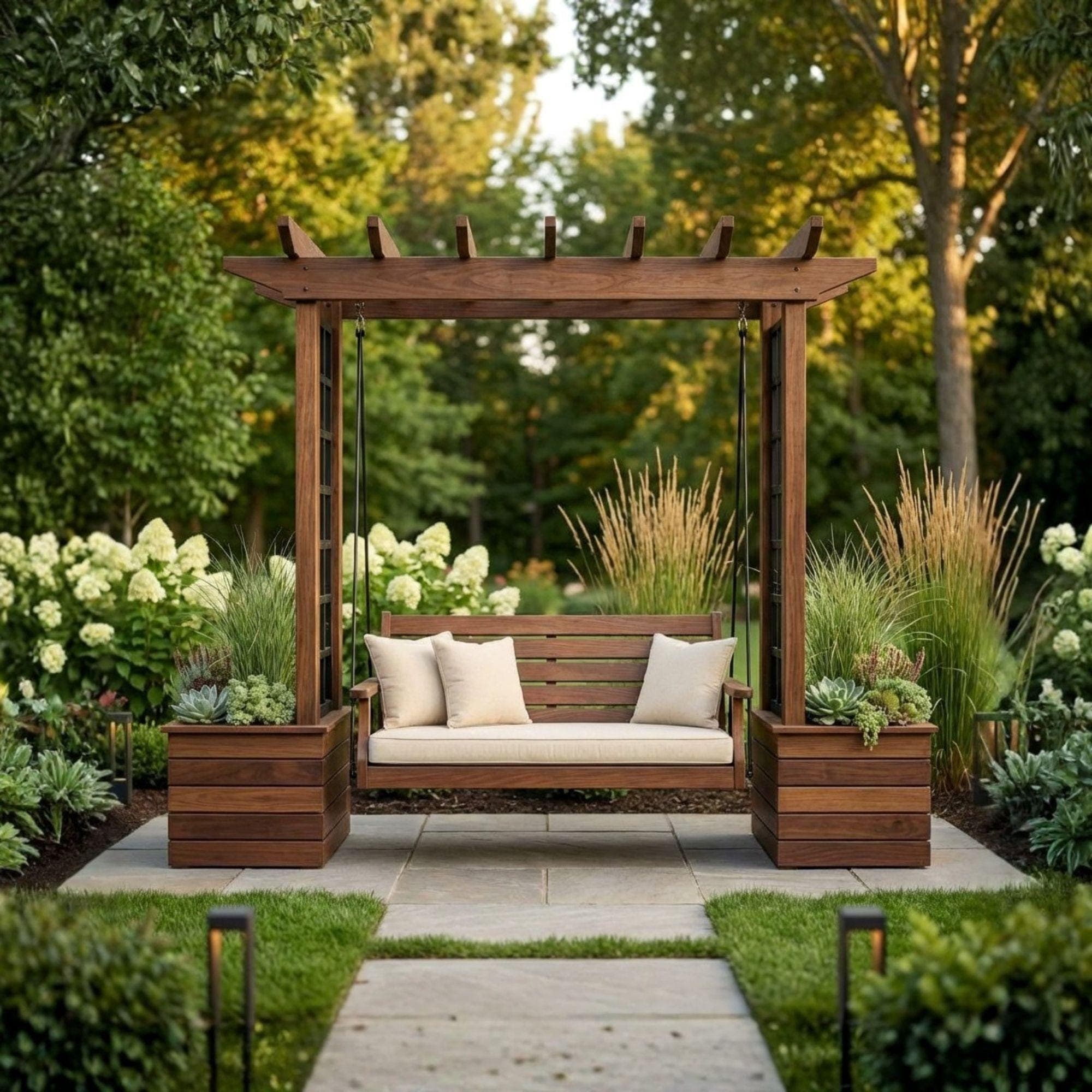 DIY Wooden Bench with Pergola and Planters | Outdoor Garden Seating & Trellis Woodworking Plan - view 6