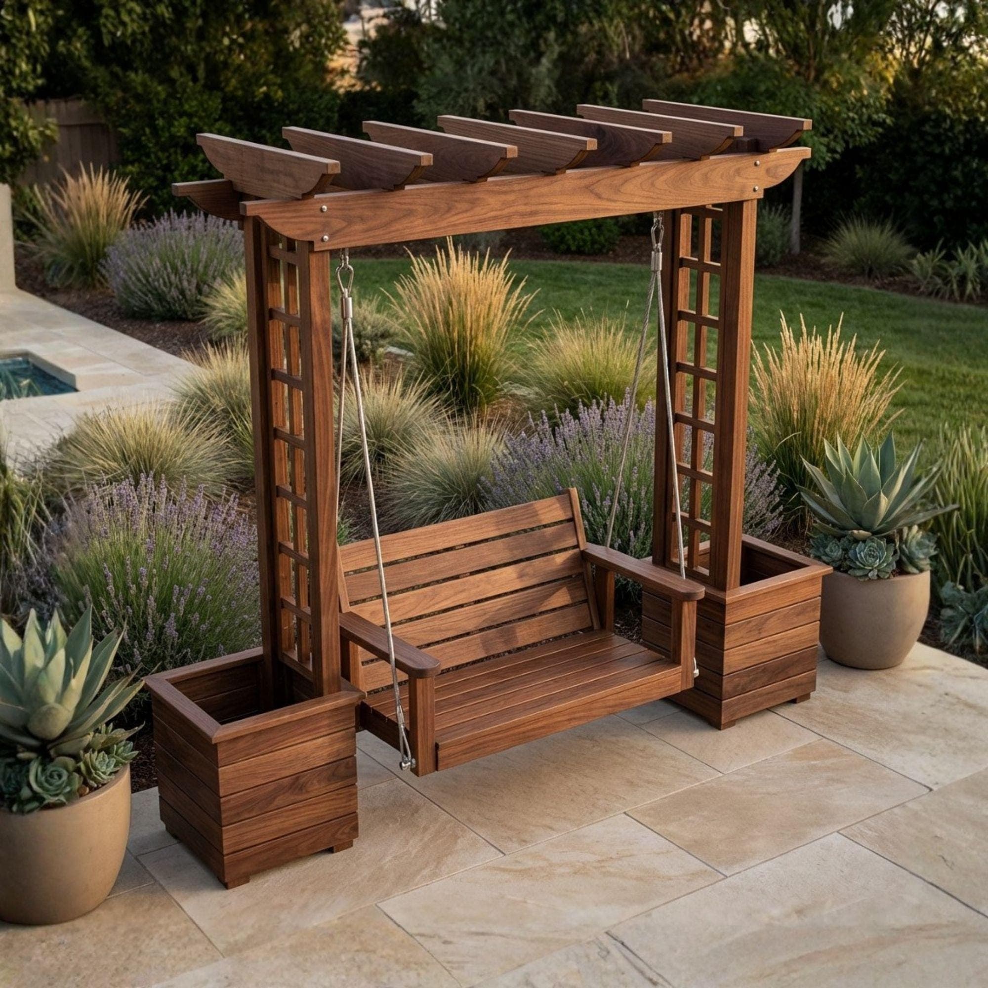 DIY Wooden Bench with Pergola and Planters | Outdoor Garden Seating & Trellis Woodworking Plan - view 3