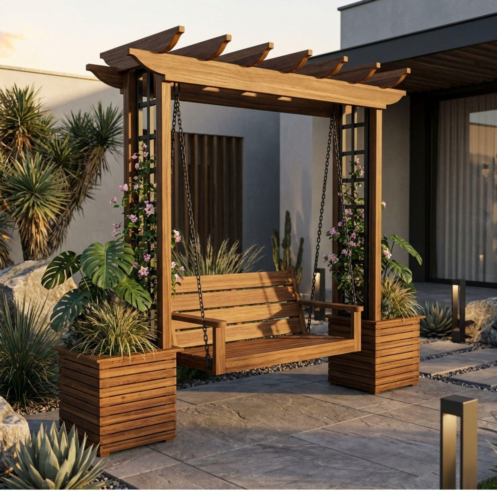 DIY Wooden Bench with Pergola and Planters | Outdoor Garden Seating & Trellis Woodworking Plan - view 4
