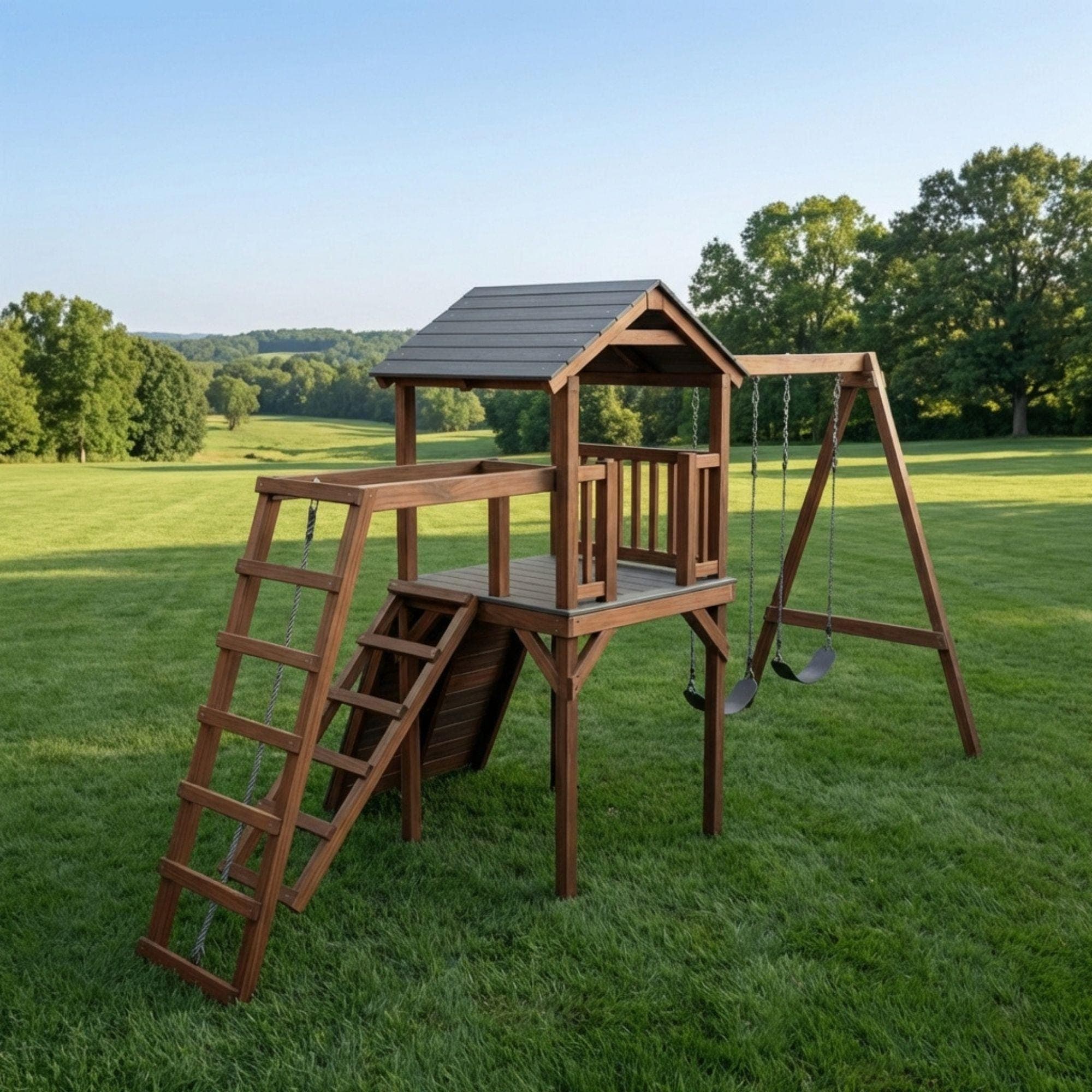 DIY Swingset With Playhouse Plans | Wooden Playset Plan PDF | Backyard Playground Plans - view 3